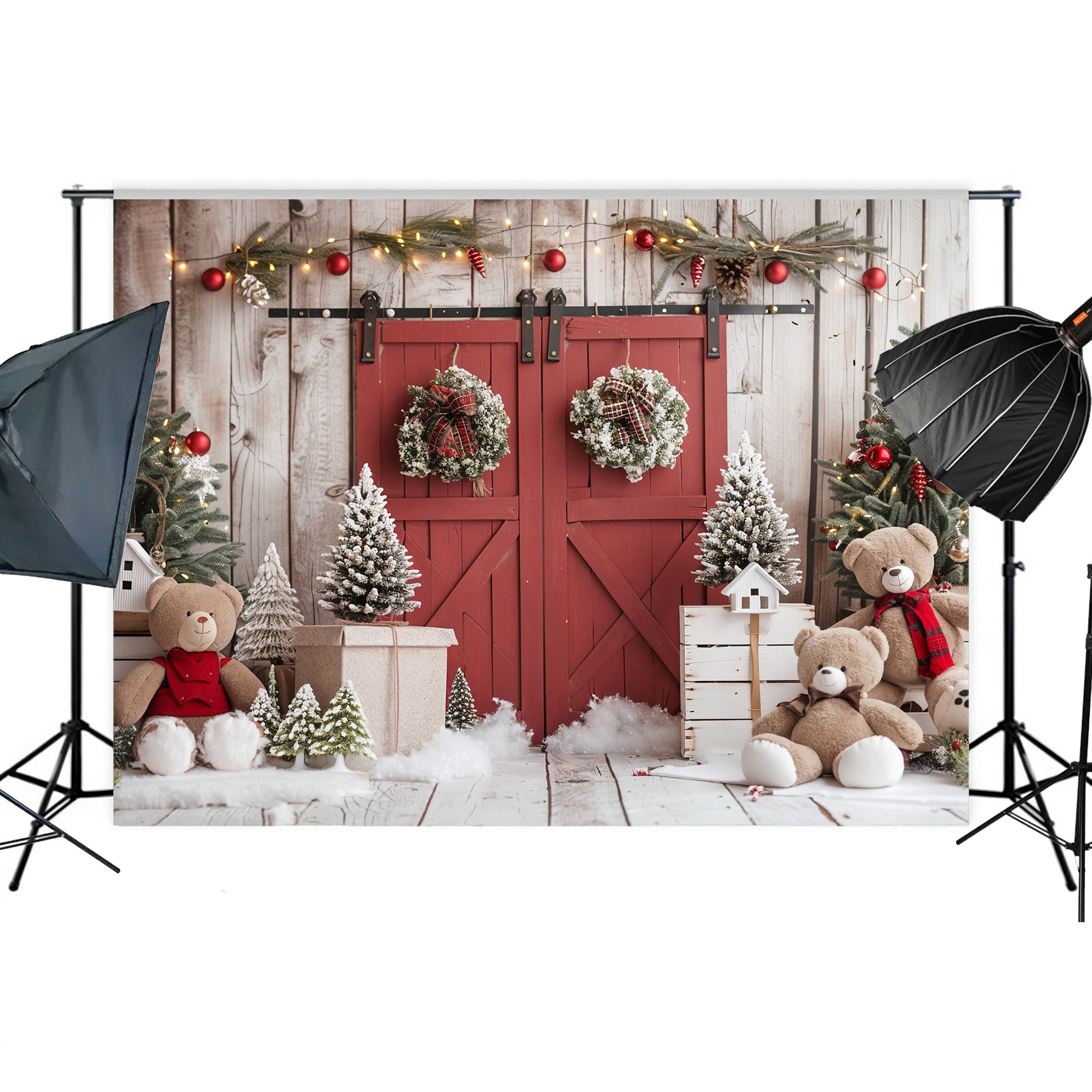 Rustic Holiday Barn Door with Teddy Bears Backdrop