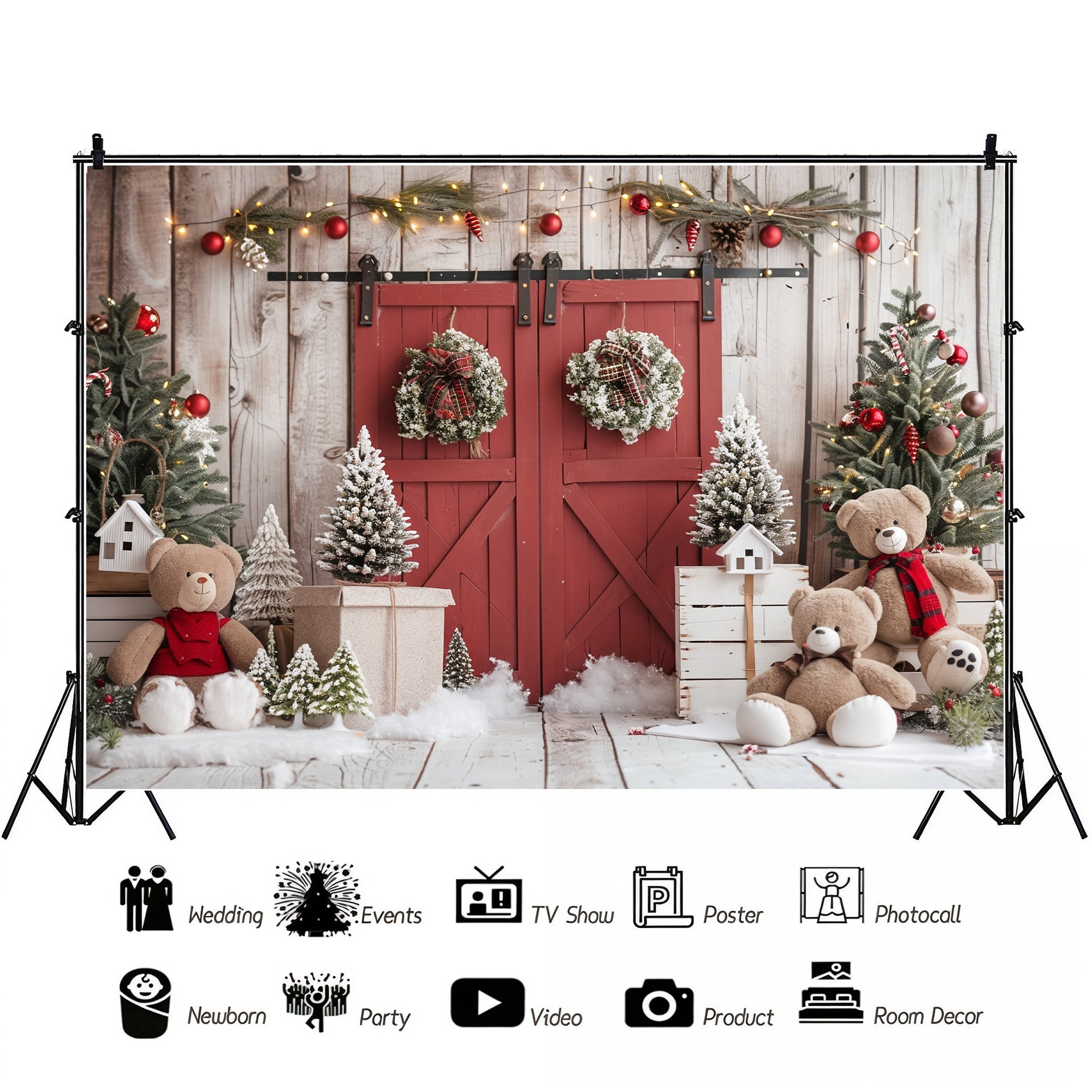 Rustic Holiday Barn Door with Teddy Bears Backdrop