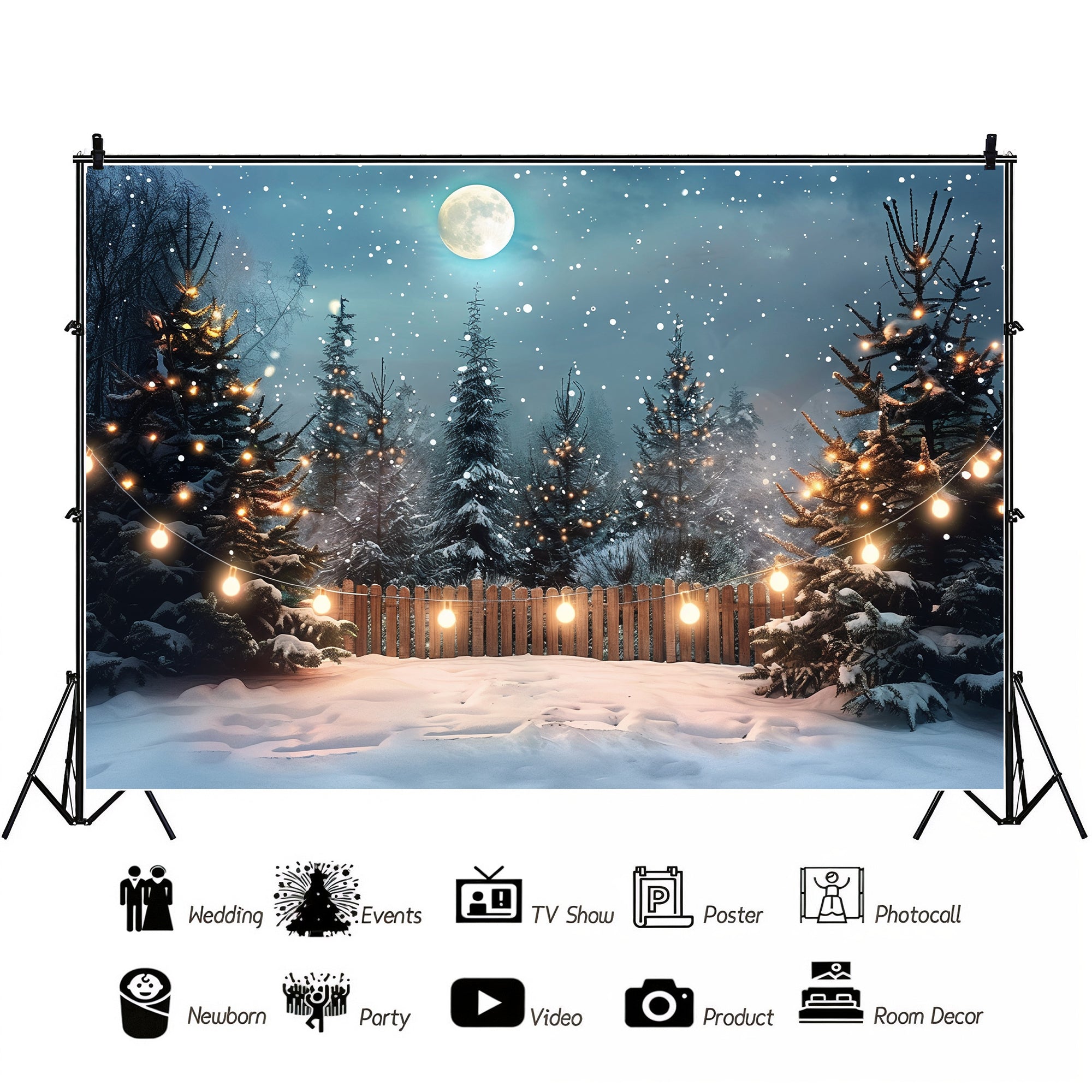 Enchanted Snowy Forest Under Moonlight Backdrop