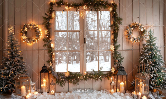 Cozy Winter Window with Candlelit Lanterns Backdrop