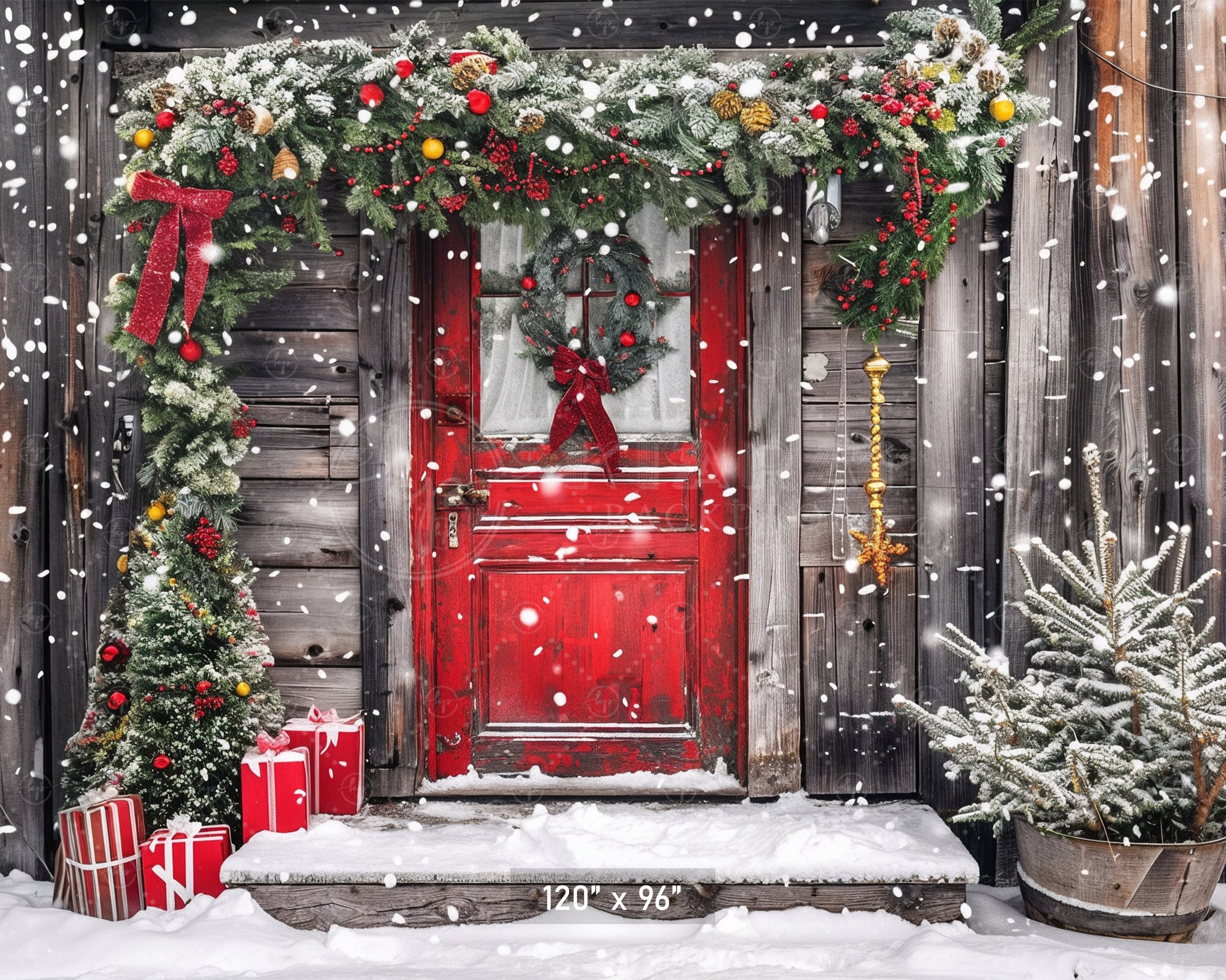 Rustic Snowy Holiday Door Backdrop