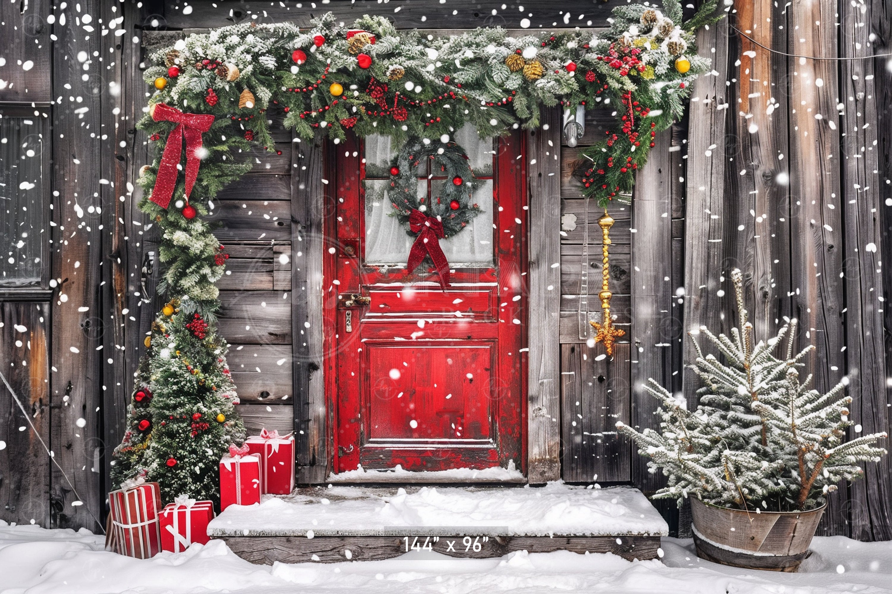 Rustic Snowy Holiday Door Backdrop
