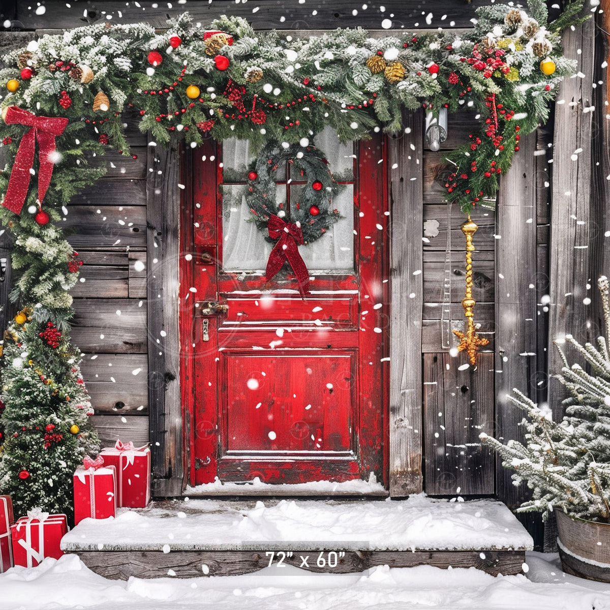 Rustic Snowy Holiday Door Backdrop – Kiarah Backdrops