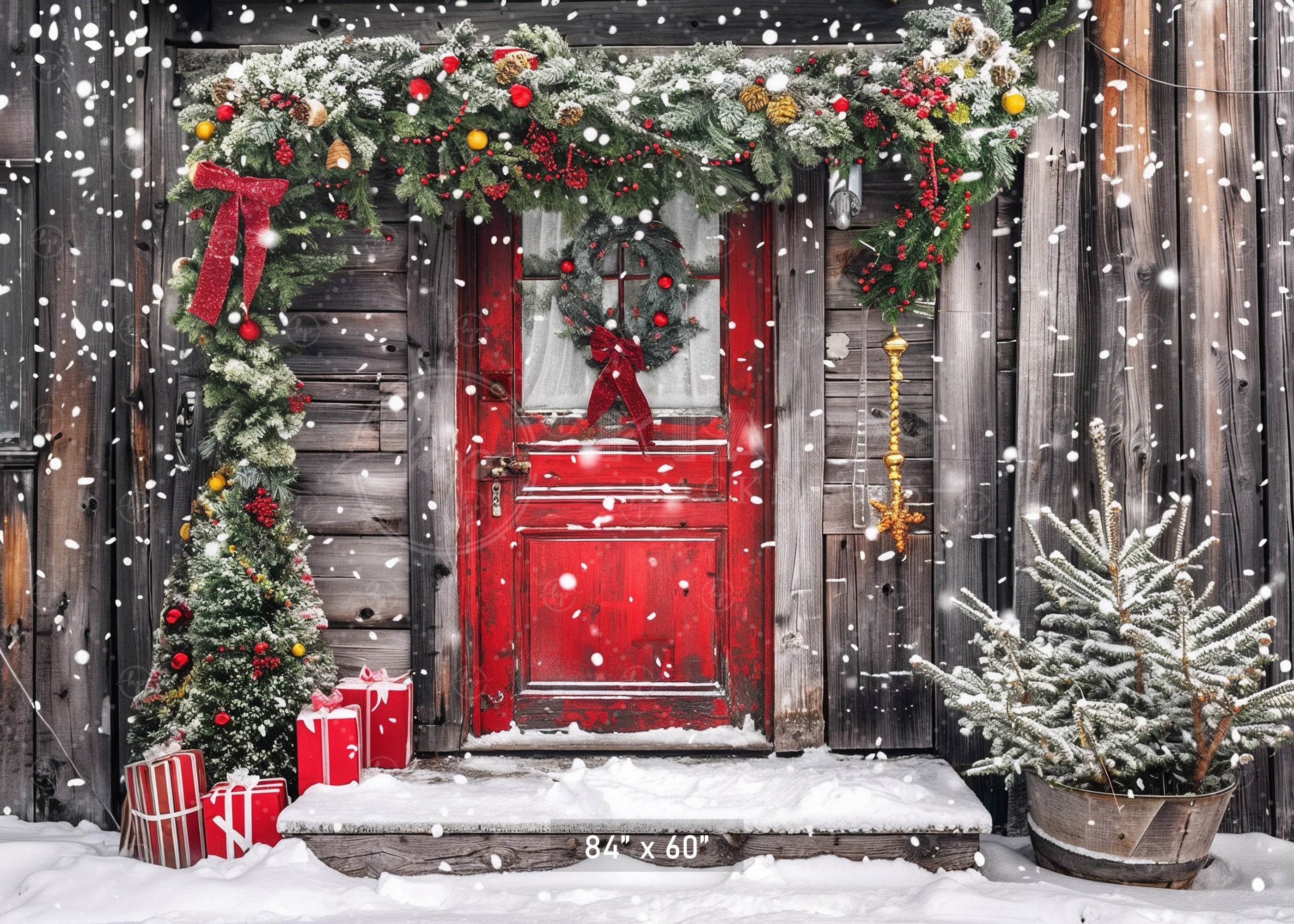 Rustic Snowy Holiday Door Backdrop