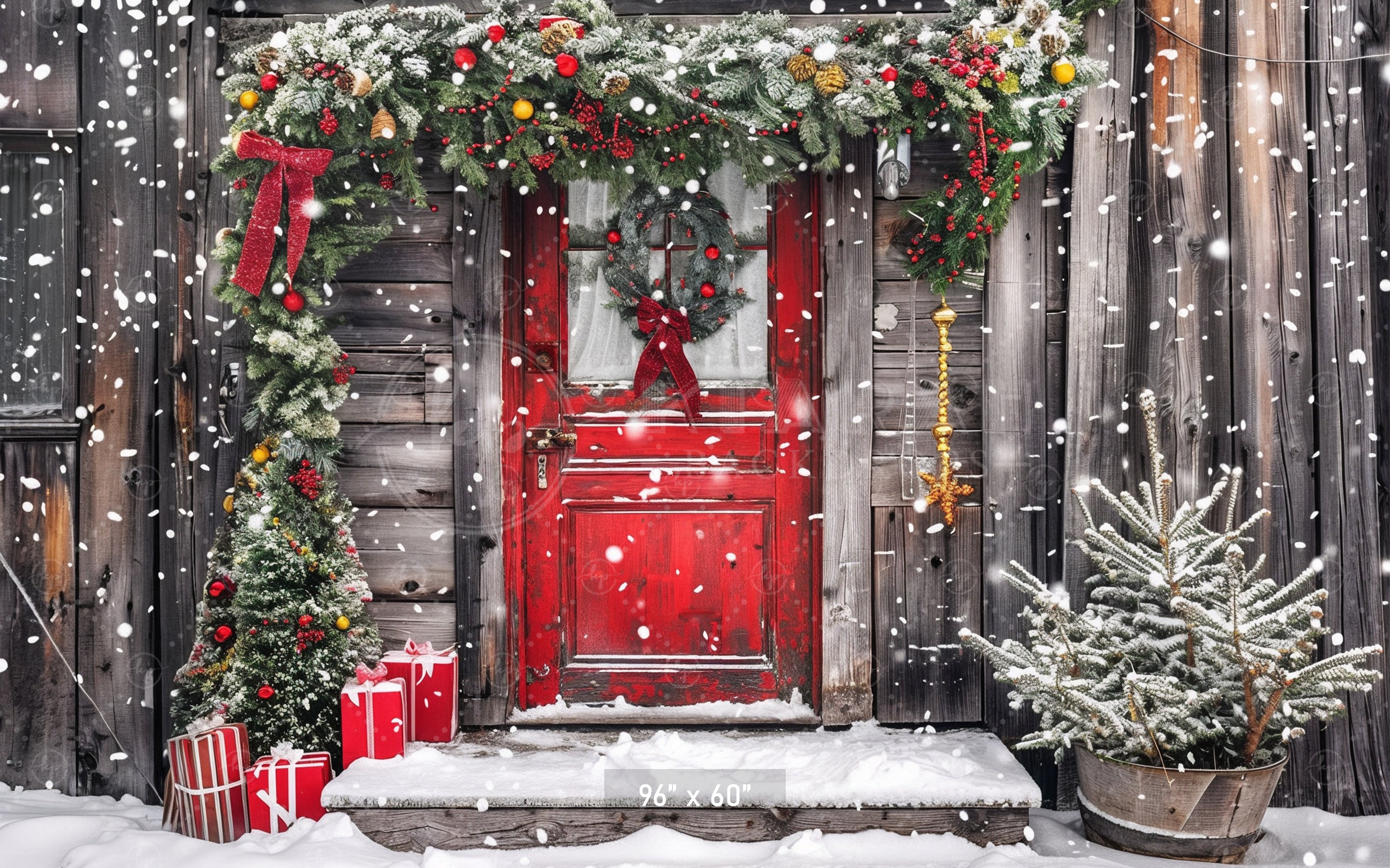 Rustic Snowy Holiday Door Backdrop