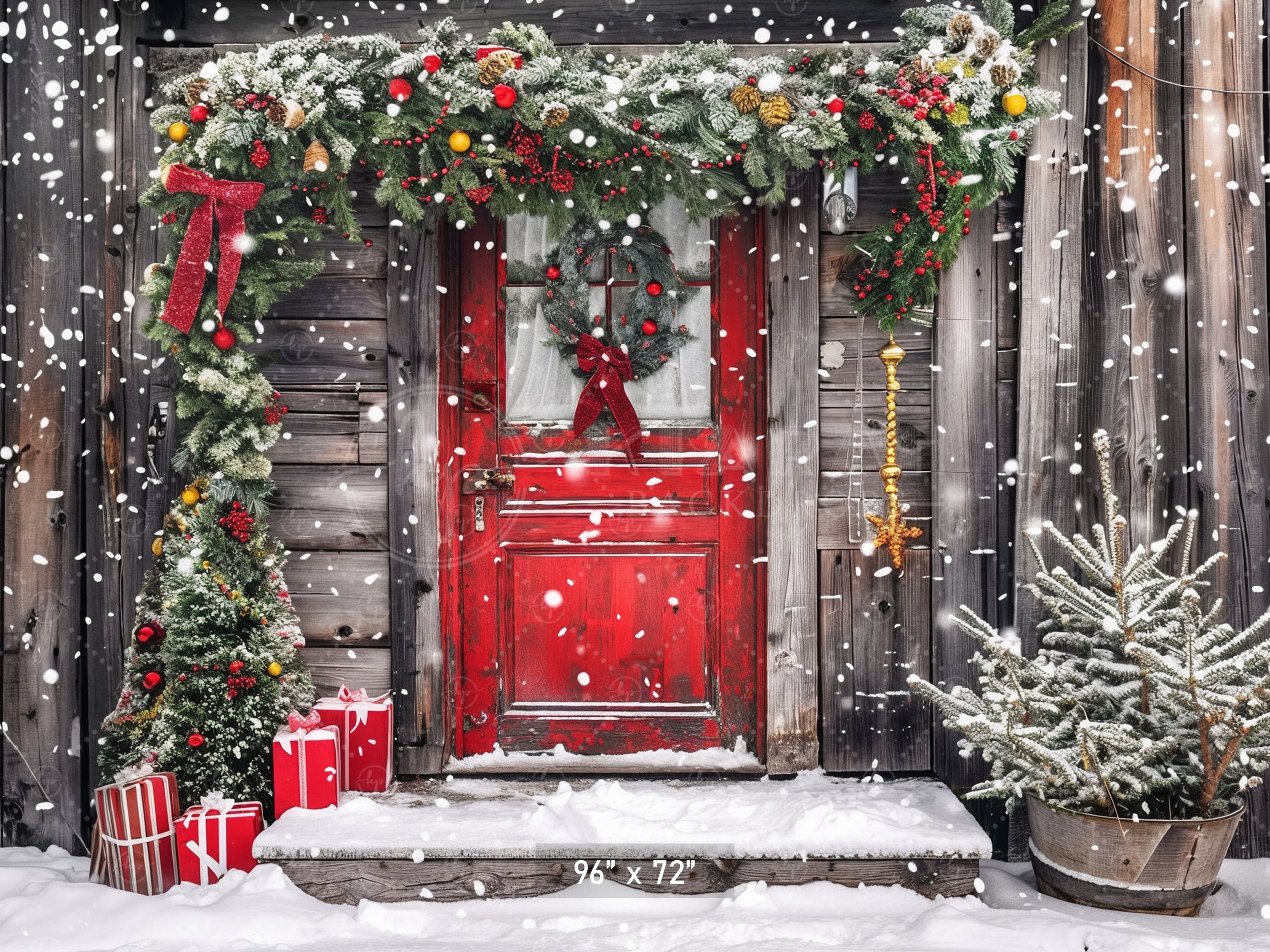 Rustic Snowy Holiday Door Backdrop