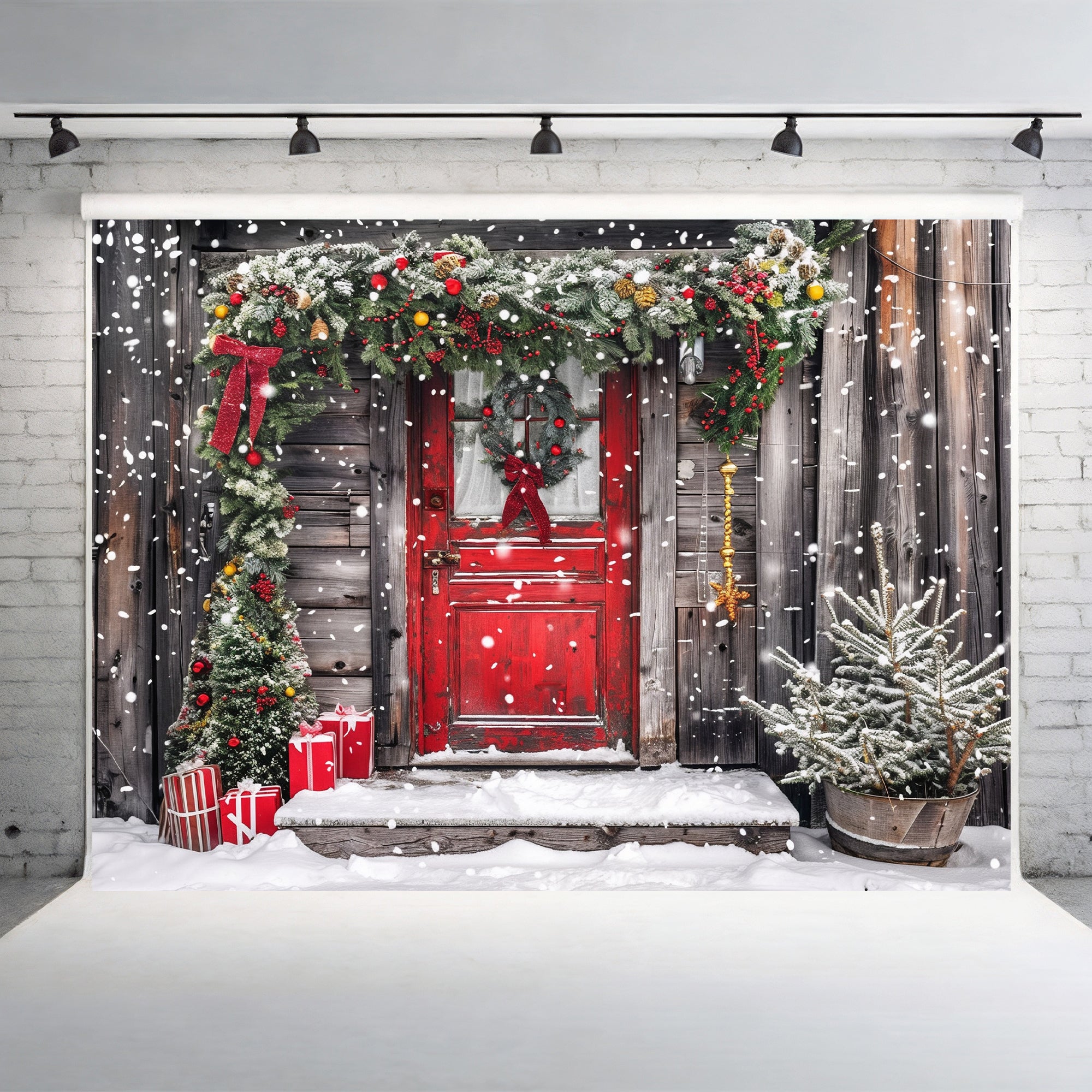 Rustic Snowy Holiday Door Backdrop