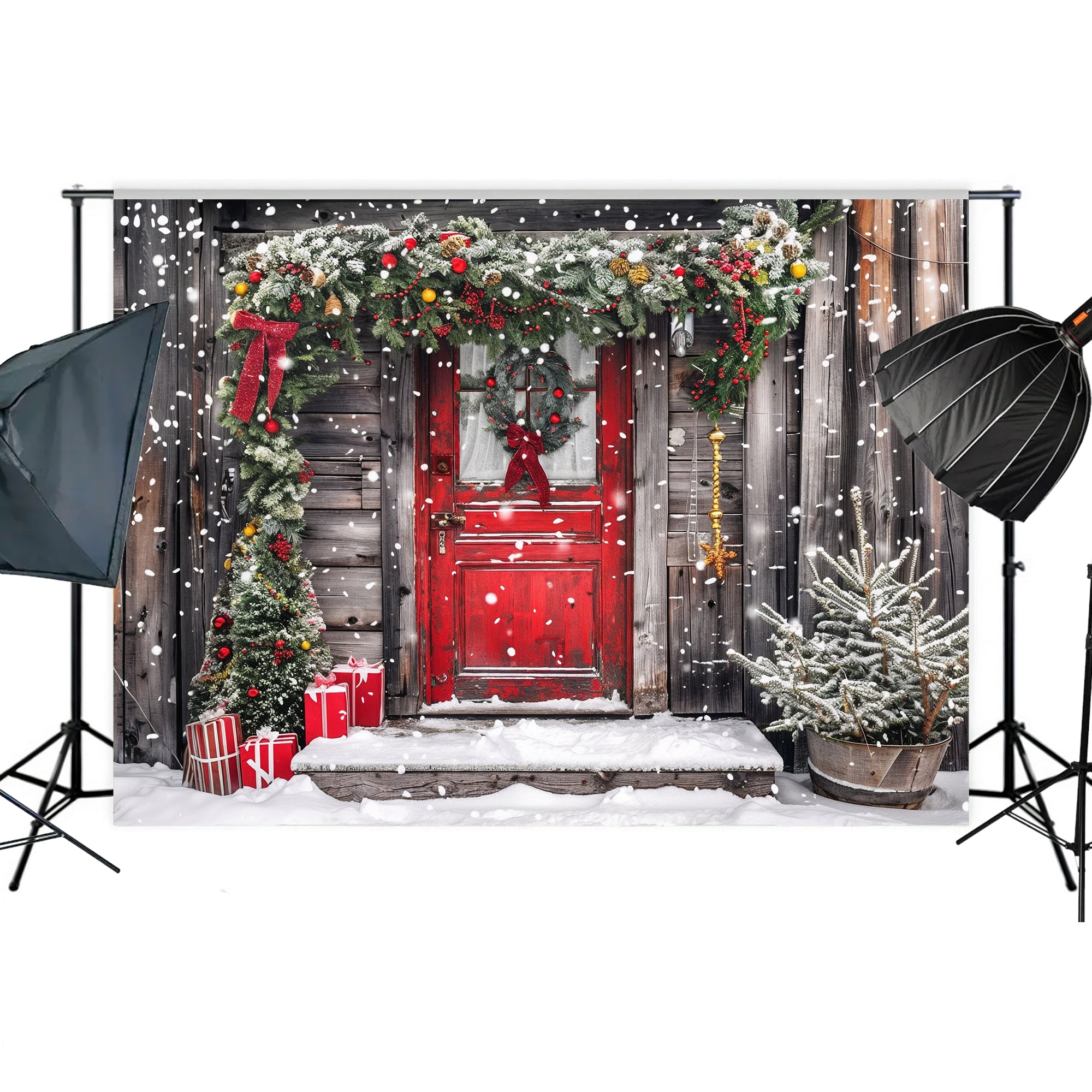 Rustic Snowy Holiday Door Backdrop