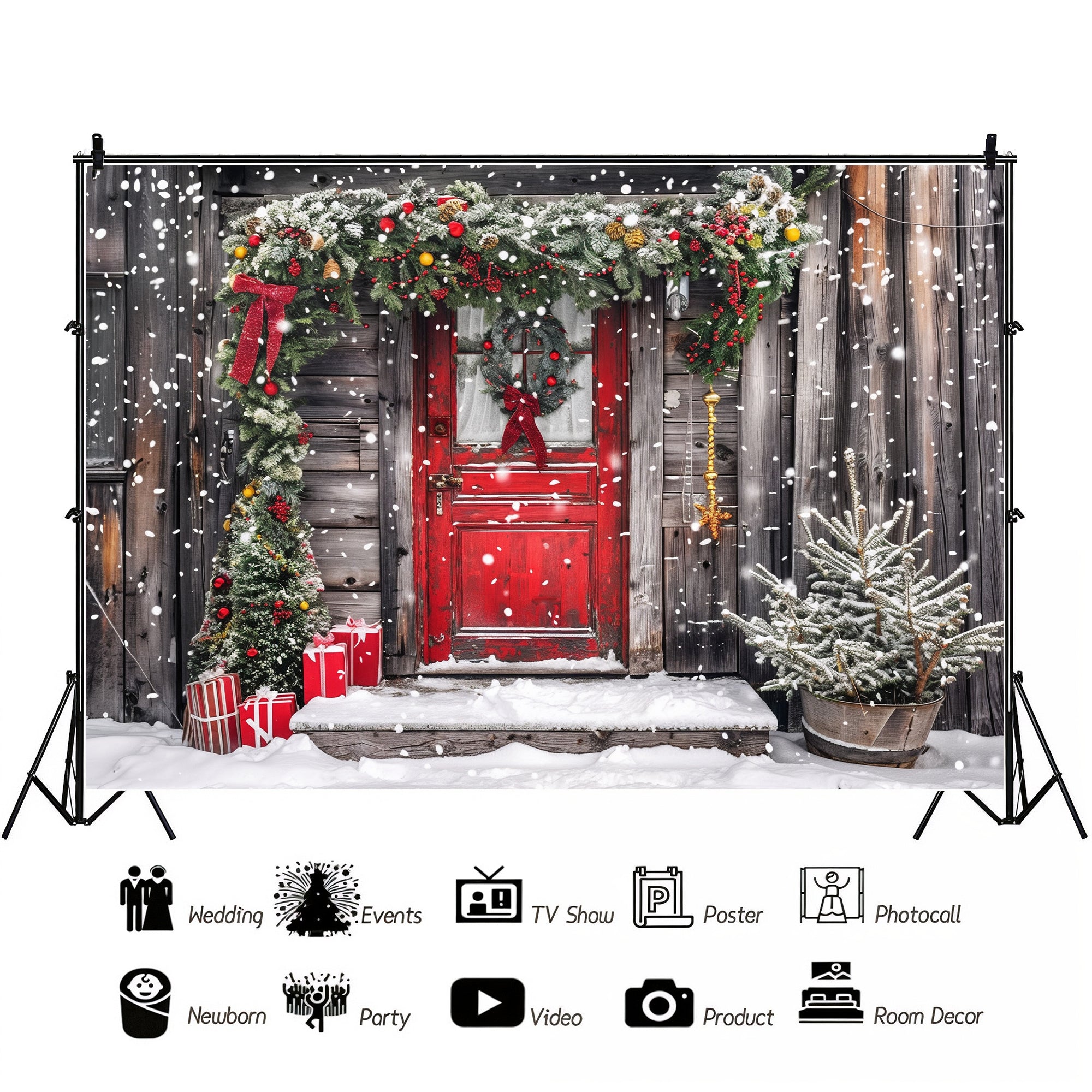Rustic Snowy Holiday Door Backdrop