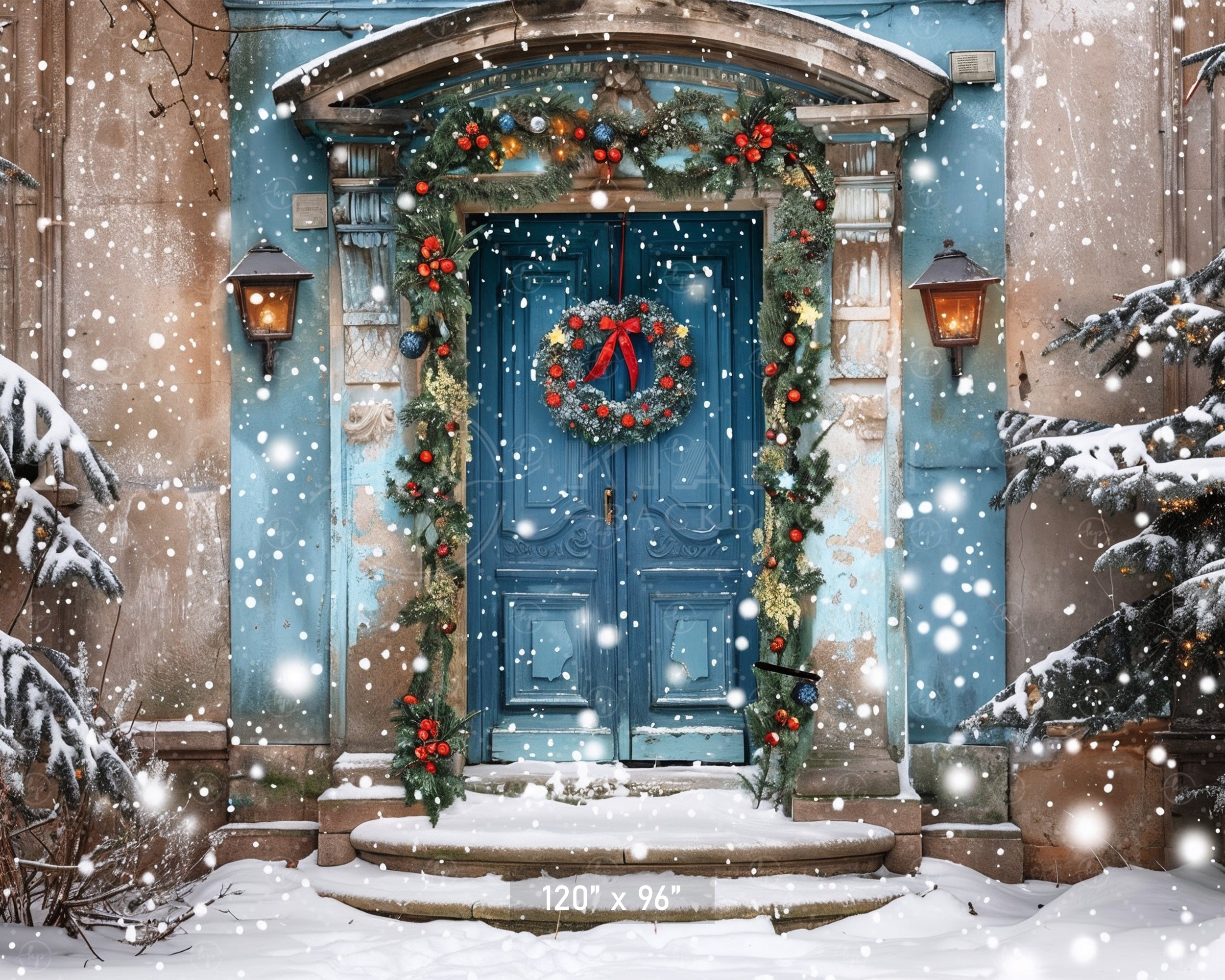 Elegant Blue Holiday Doorway in Snow Backdrop