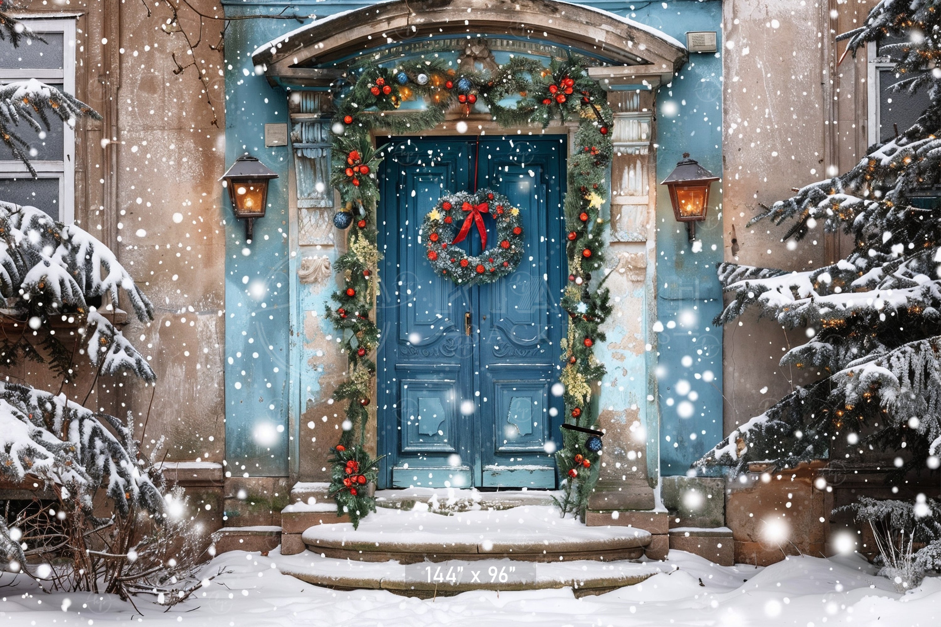 Elegant Blue Holiday Doorway in Snow Backdrop