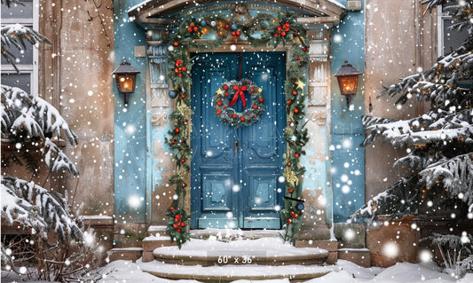 Elegant Blue Holiday Doorway in Snow Backdrop