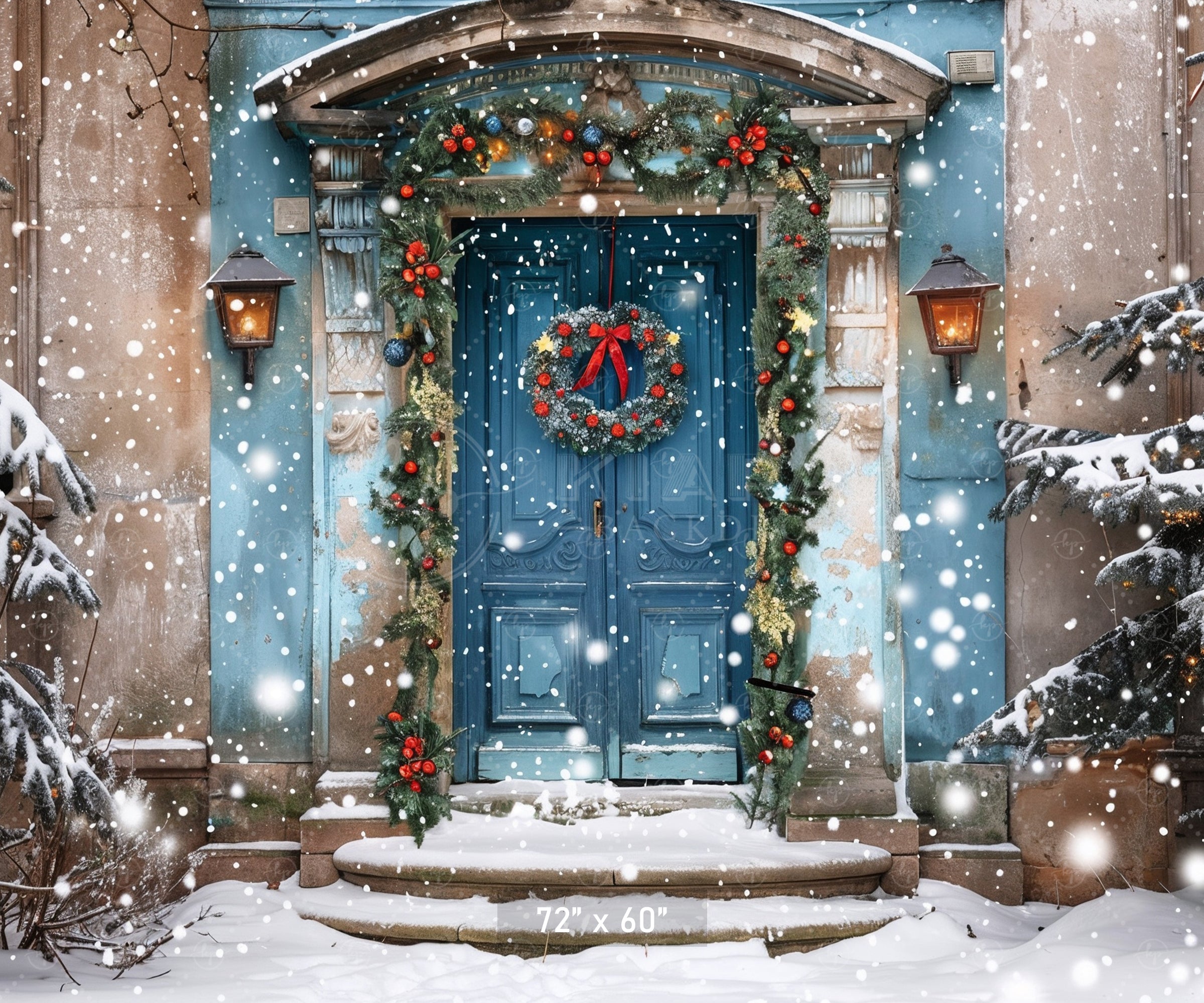 Elegant Blue Holiday Doorway in Snow Backdrop