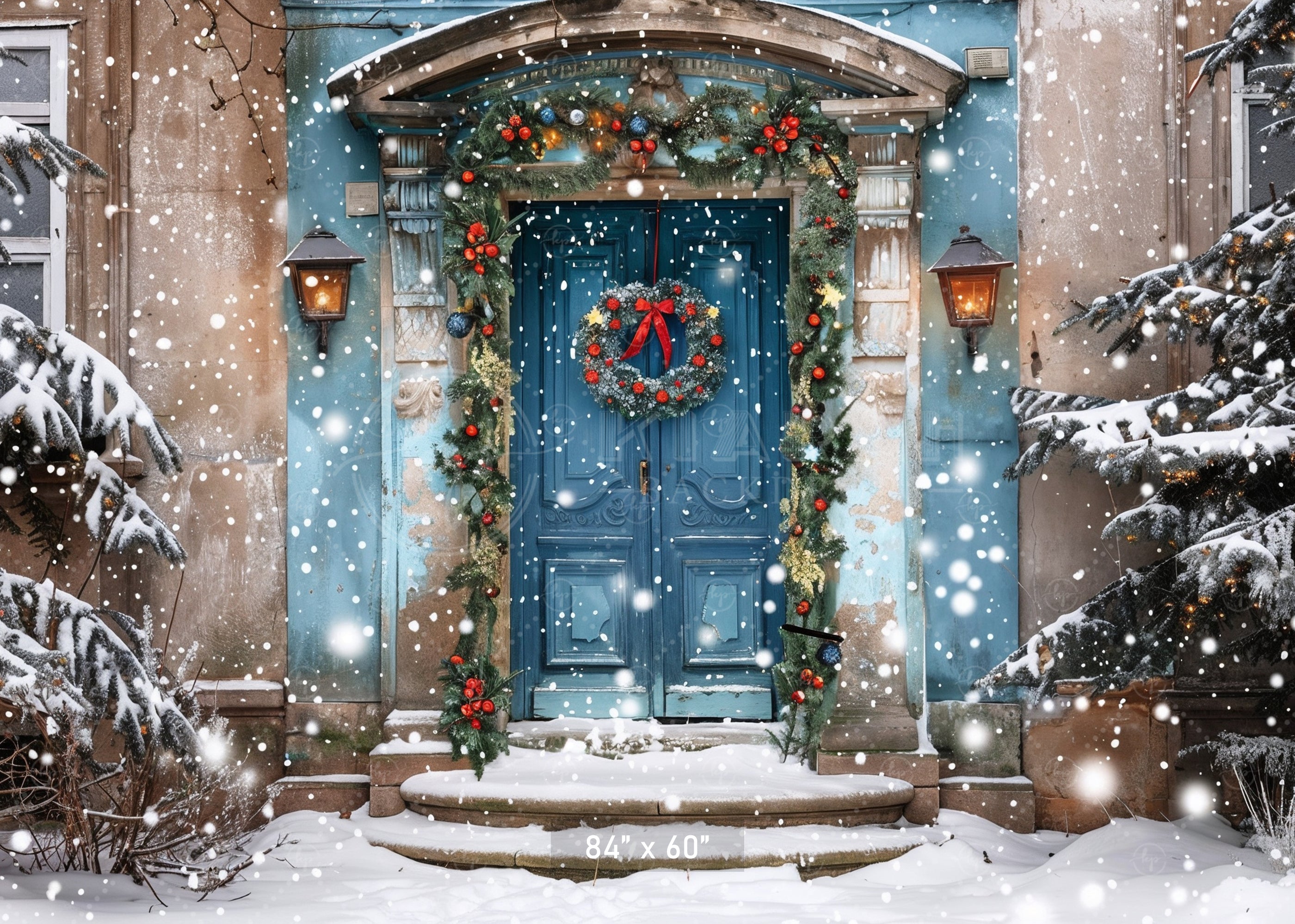 Elegant Blue Holiday Doorway in Snow Backdrop