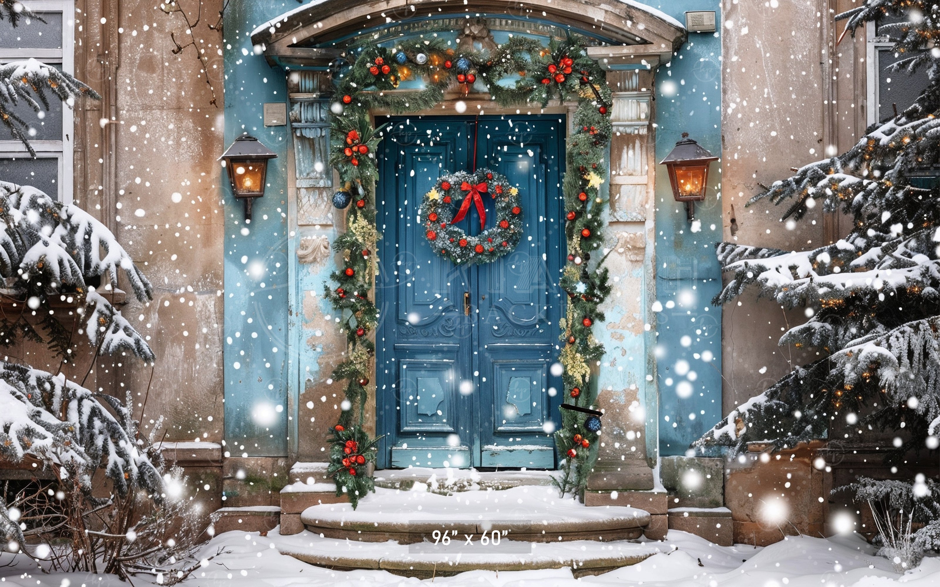 Elegant Blue Holiday Doorway in Snow Backdrop