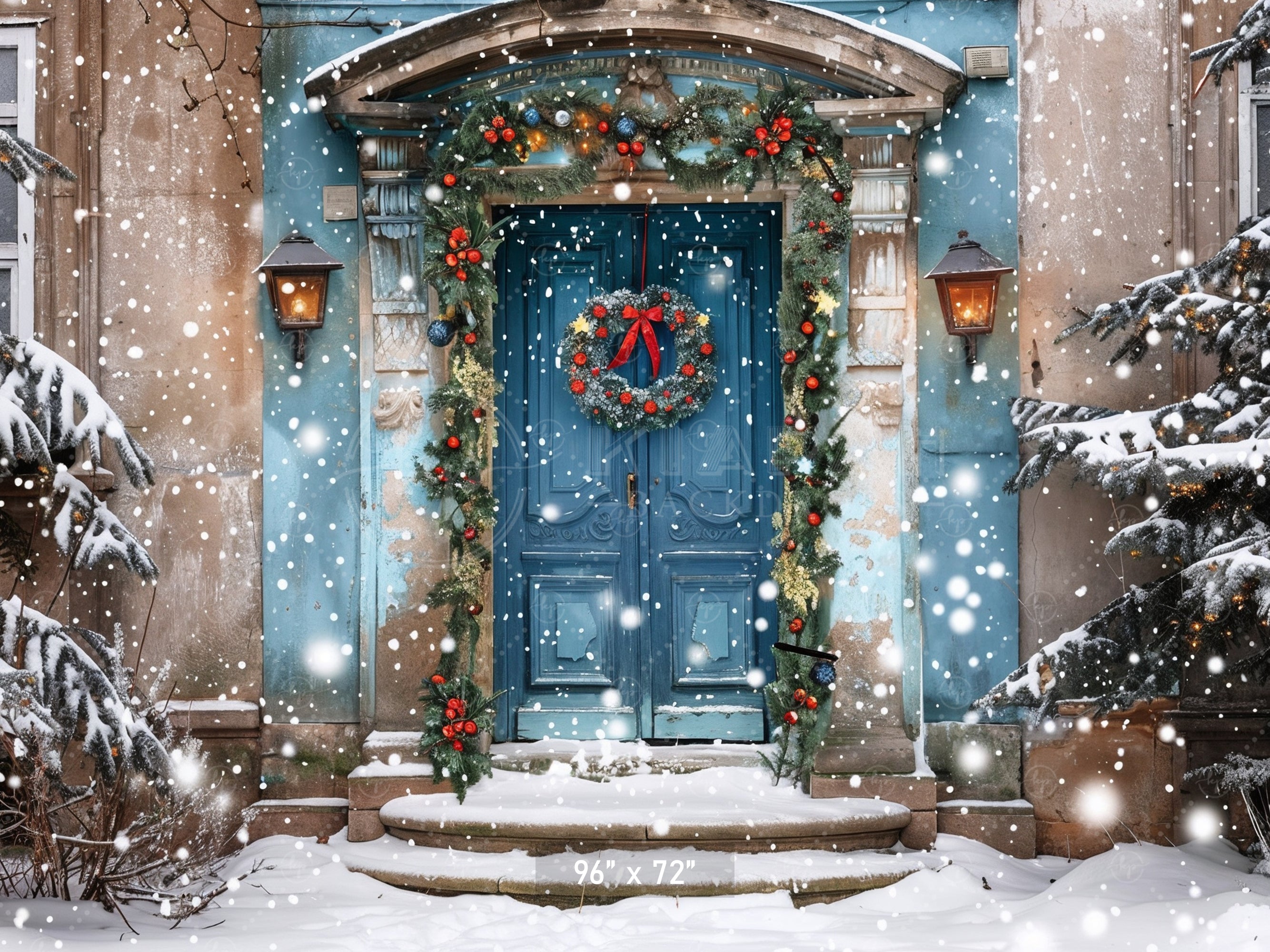 Elegant Blue Holiday Doorway in Snow Backdrop