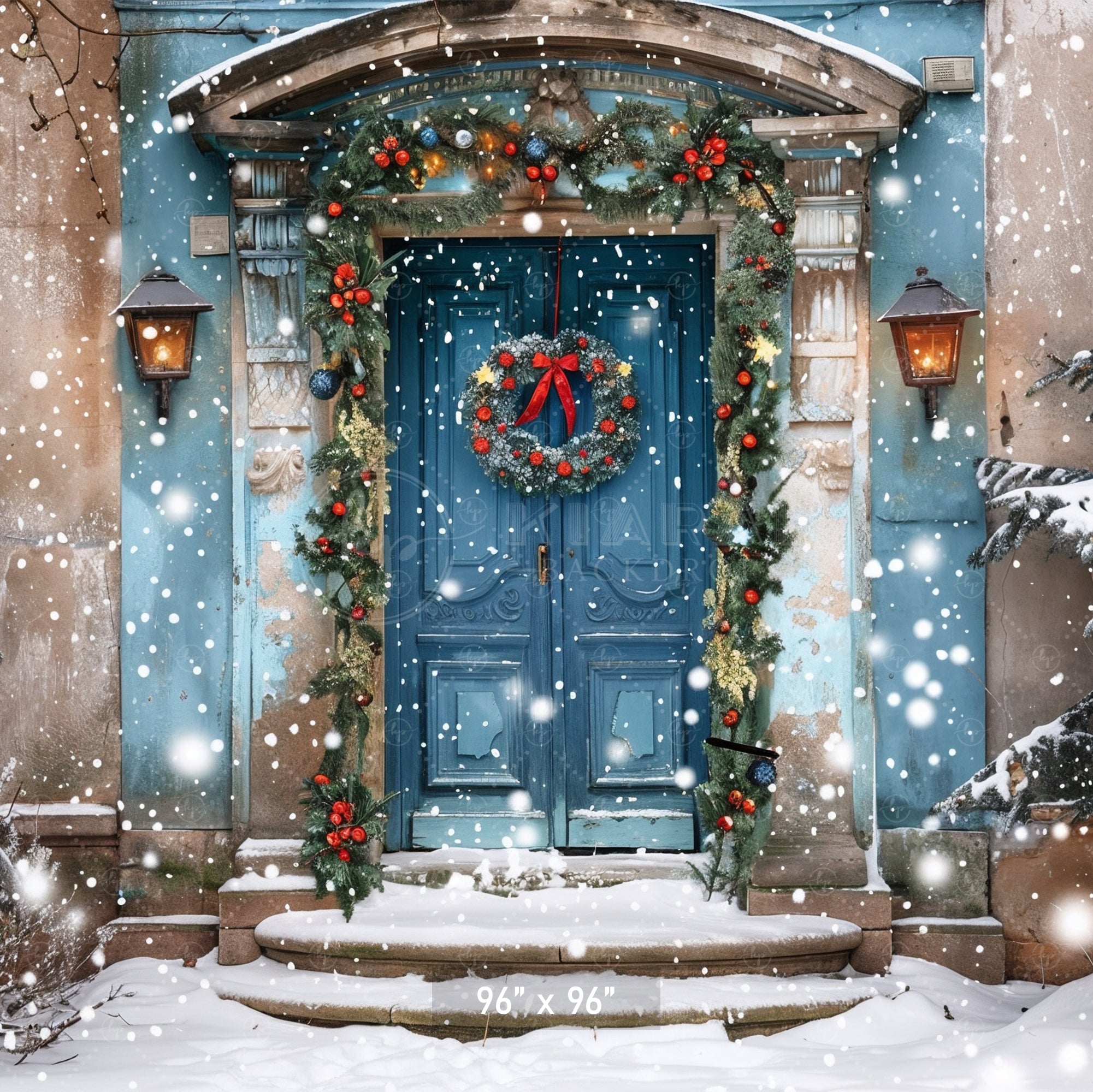 Elegant Blue Holiday Doorway in Snow Backdrop