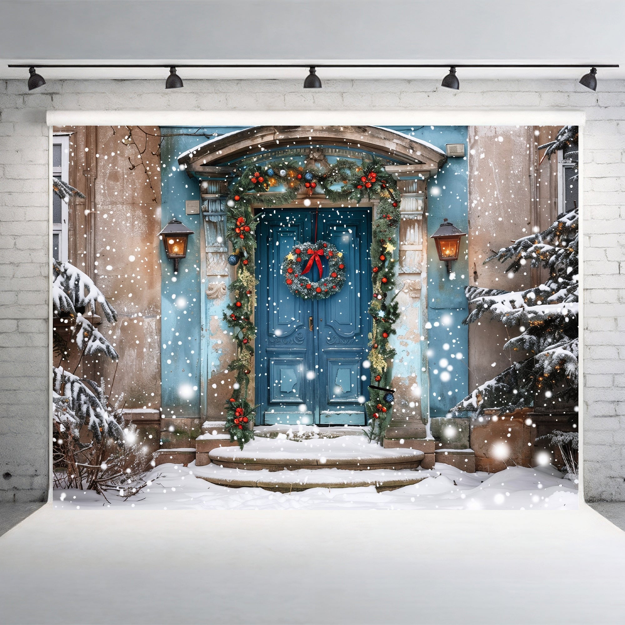 Elegant Blue Holiday Doorway in Snow Backdrop