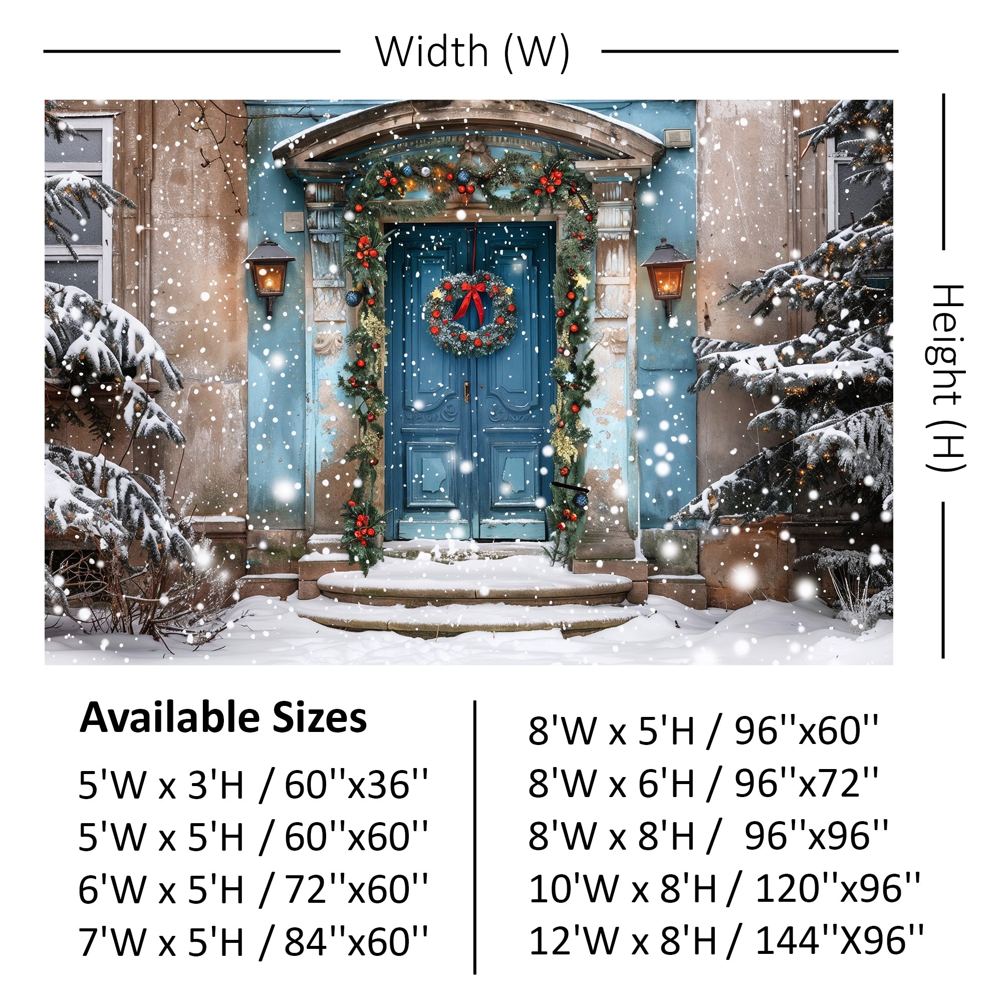 Elegant Blue Holiday Doorway in Snow Backdrop