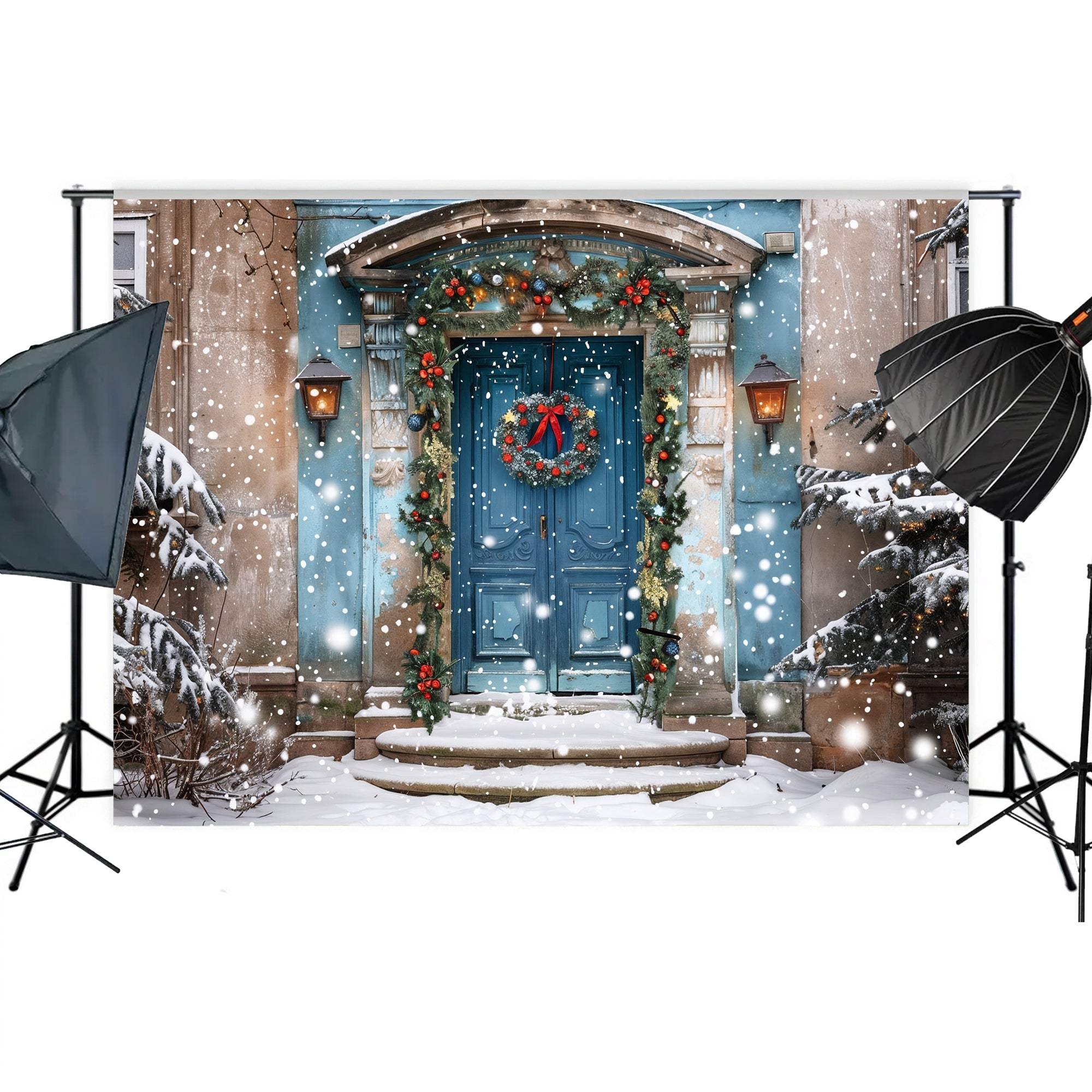 Elegant Blue Holiday Doorway in Snow Backdrop