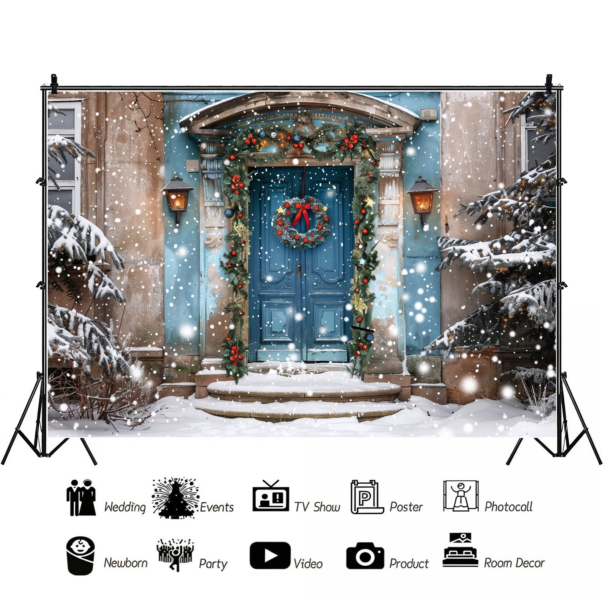 Elegant Blue Holiday Doorway in Snow Backdrop