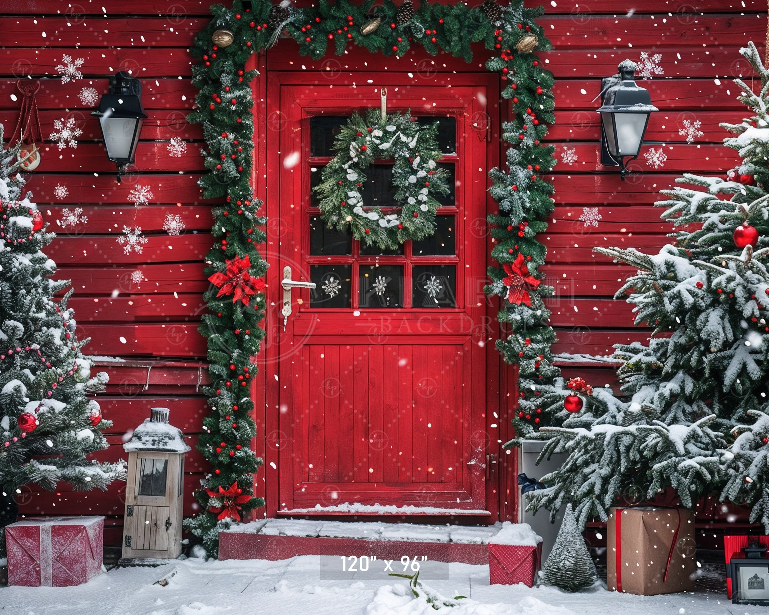 Snowy Christmas Cabin Door Backdrop