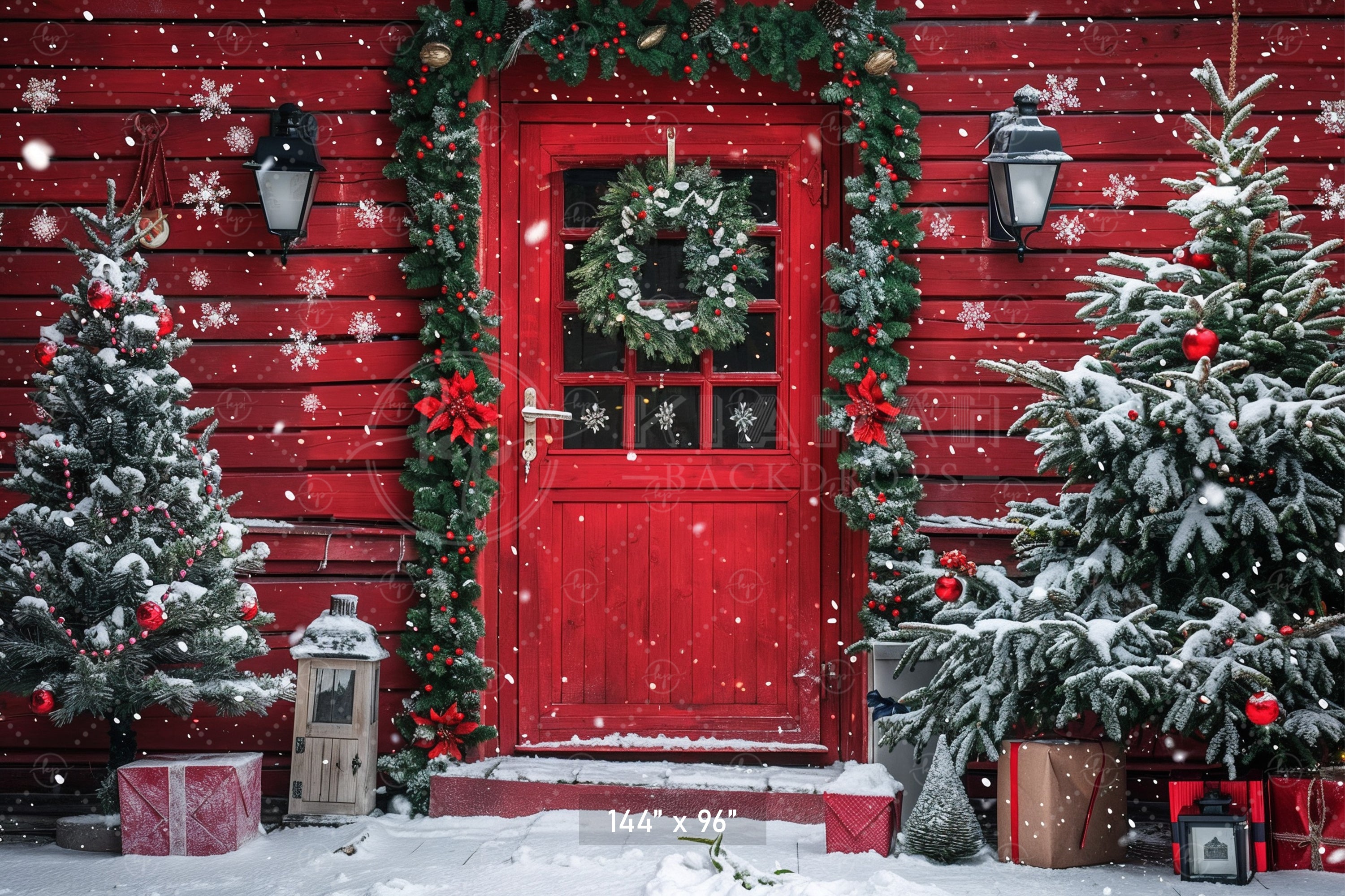 Snowy Christmas Cabin Door Backdrop