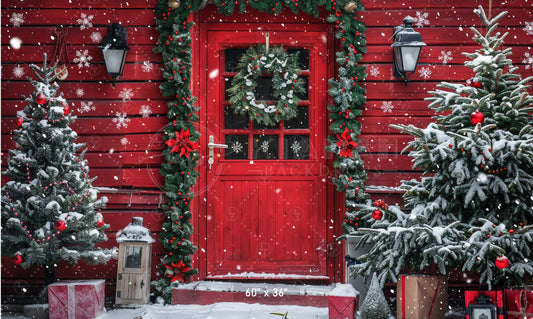 Snowy Christmas Cabin Door Backdrop