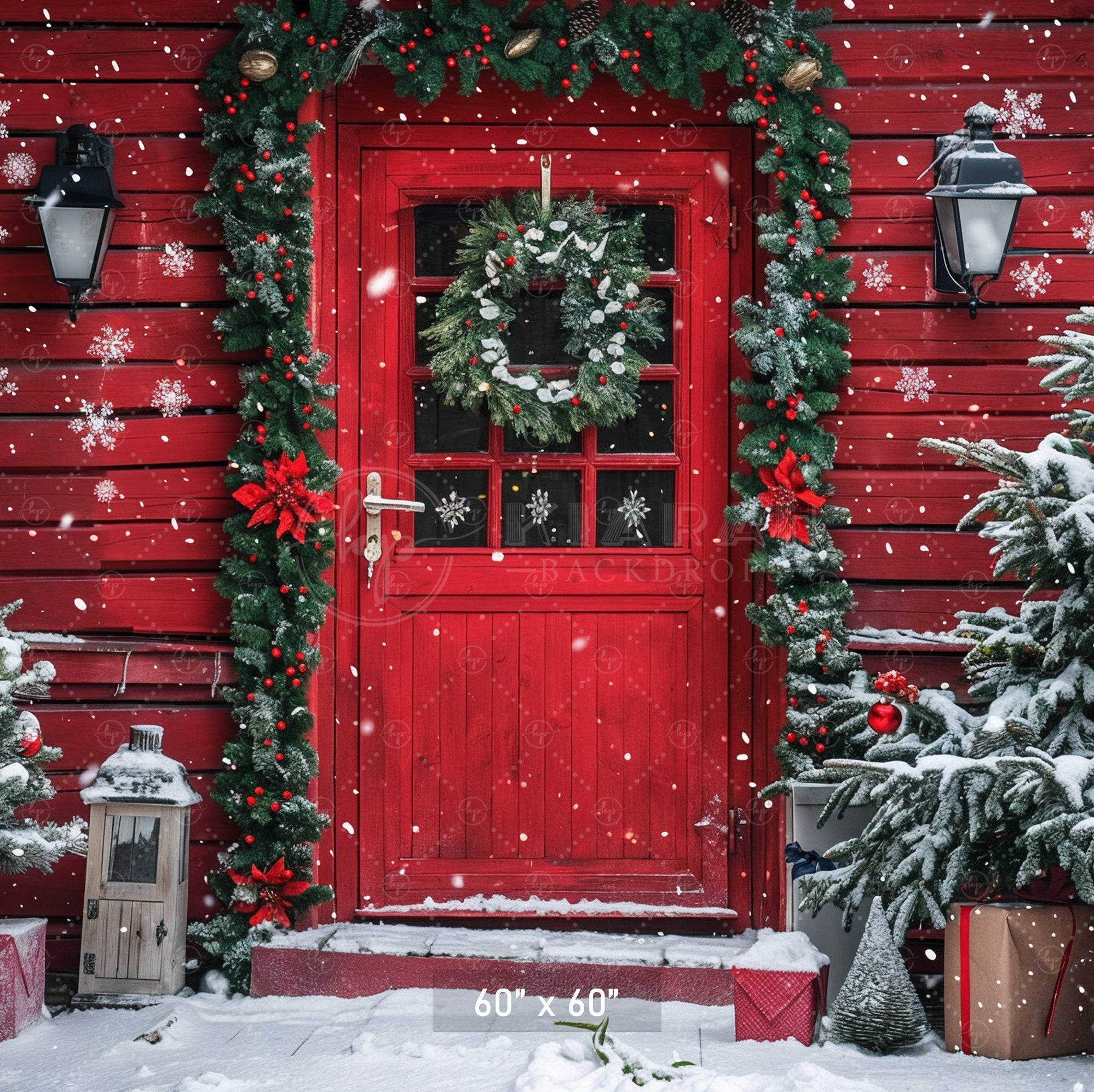 Snowy Christmas Cabin Door Backdrop