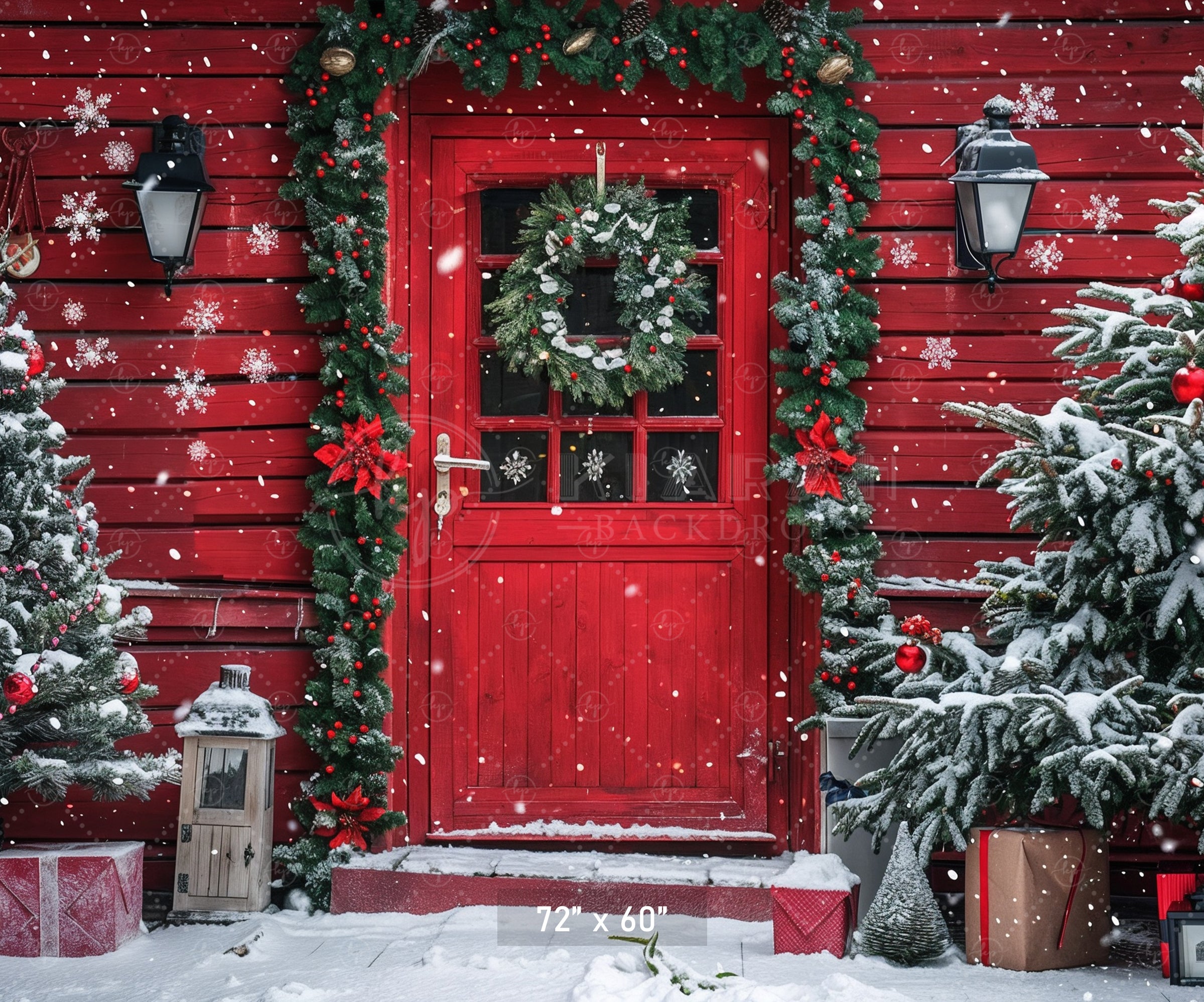 Snowy Christmas Cabin Door Backdrop