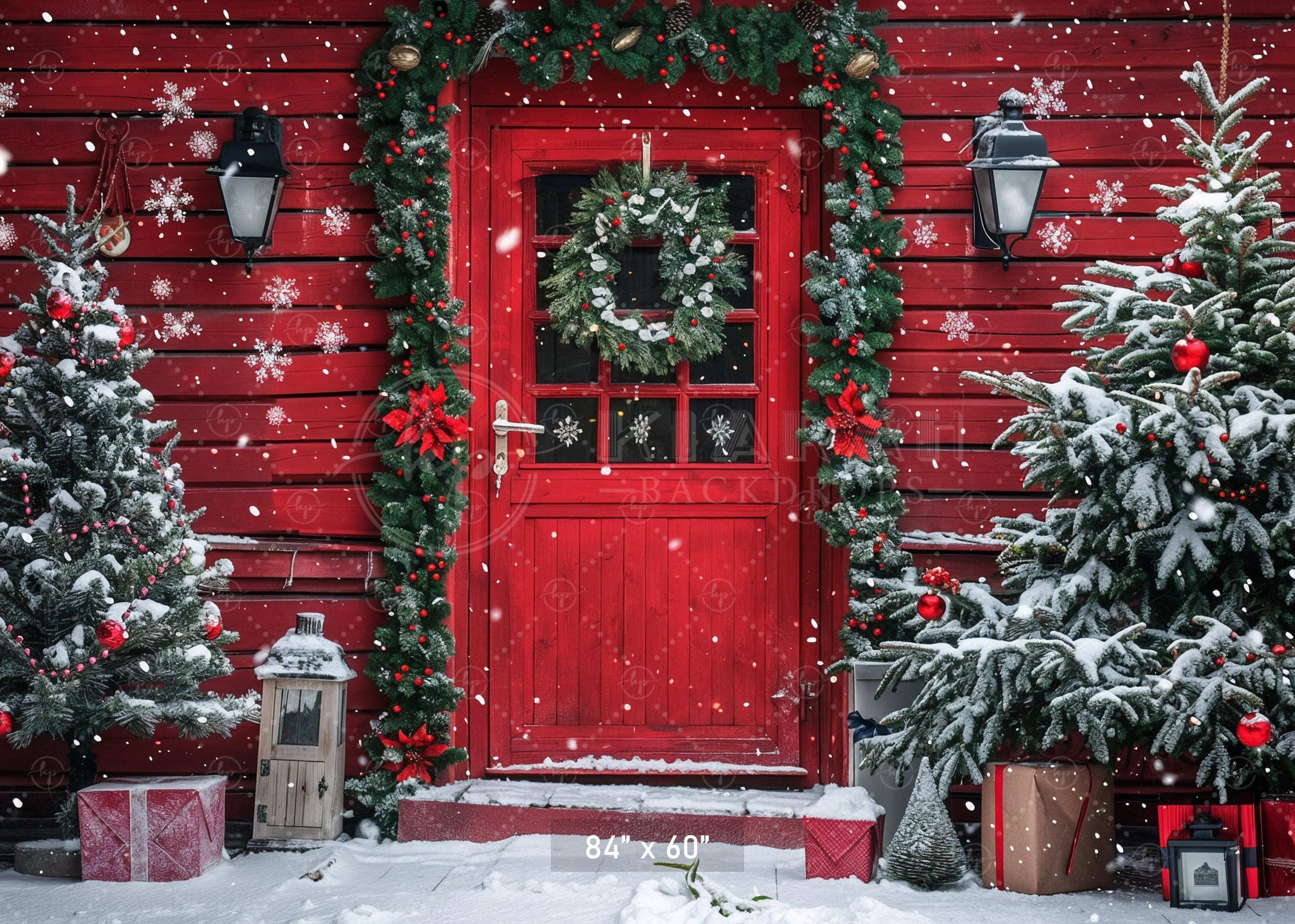 Snowy Christmas Cabin Door Backdrop