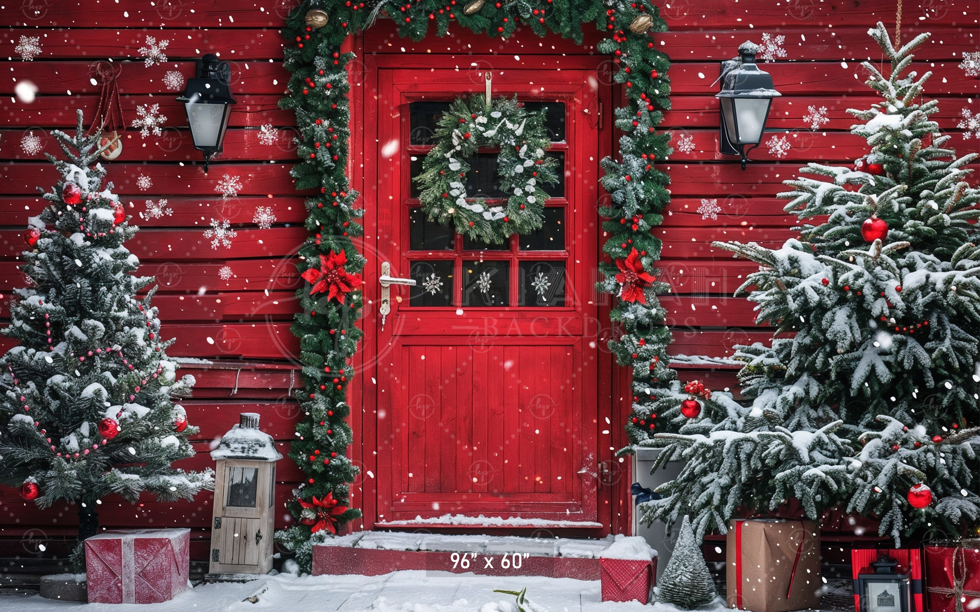 Snowy Christmas Cabin Door Backdrop