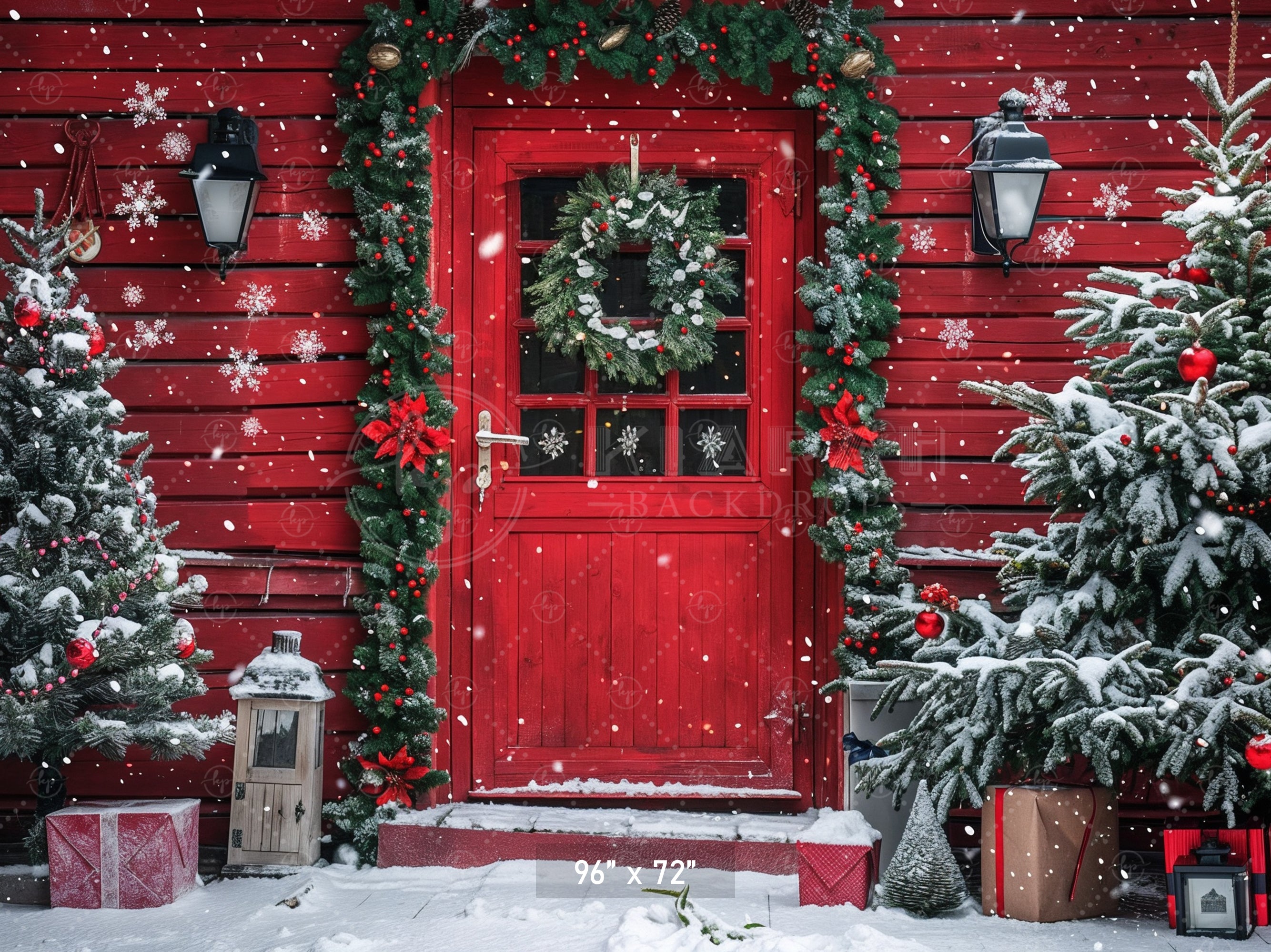Snowy Christmas Cabin Door Backdrop