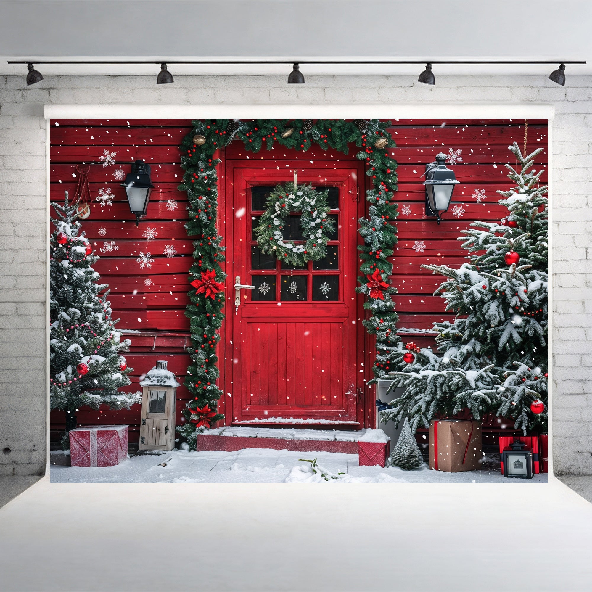 Snowy Christmas Cabin Door Backdrop