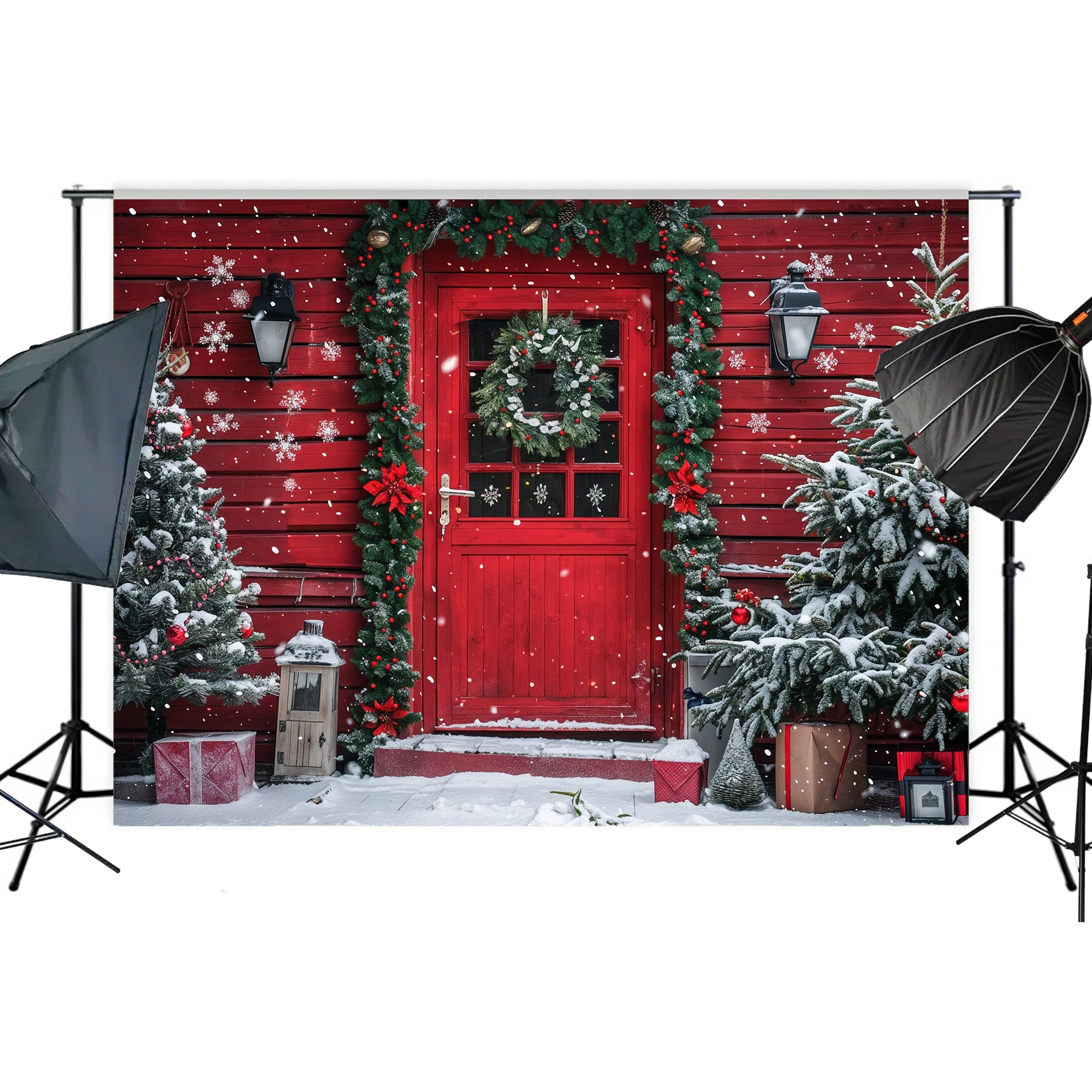 Snowy Christmas Cabin Door Backdrop