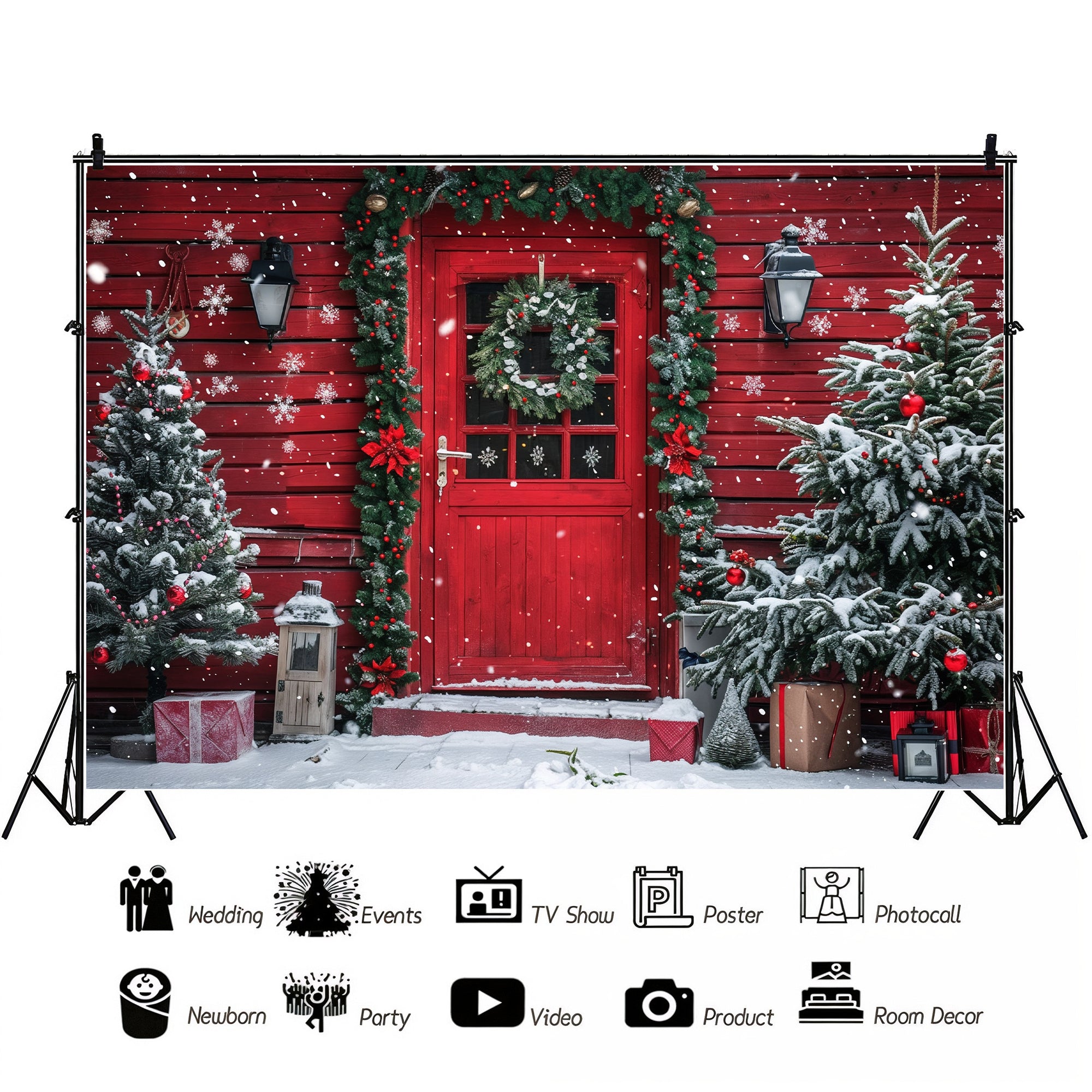 Snowy Christmas Cabin Door Backdrop
