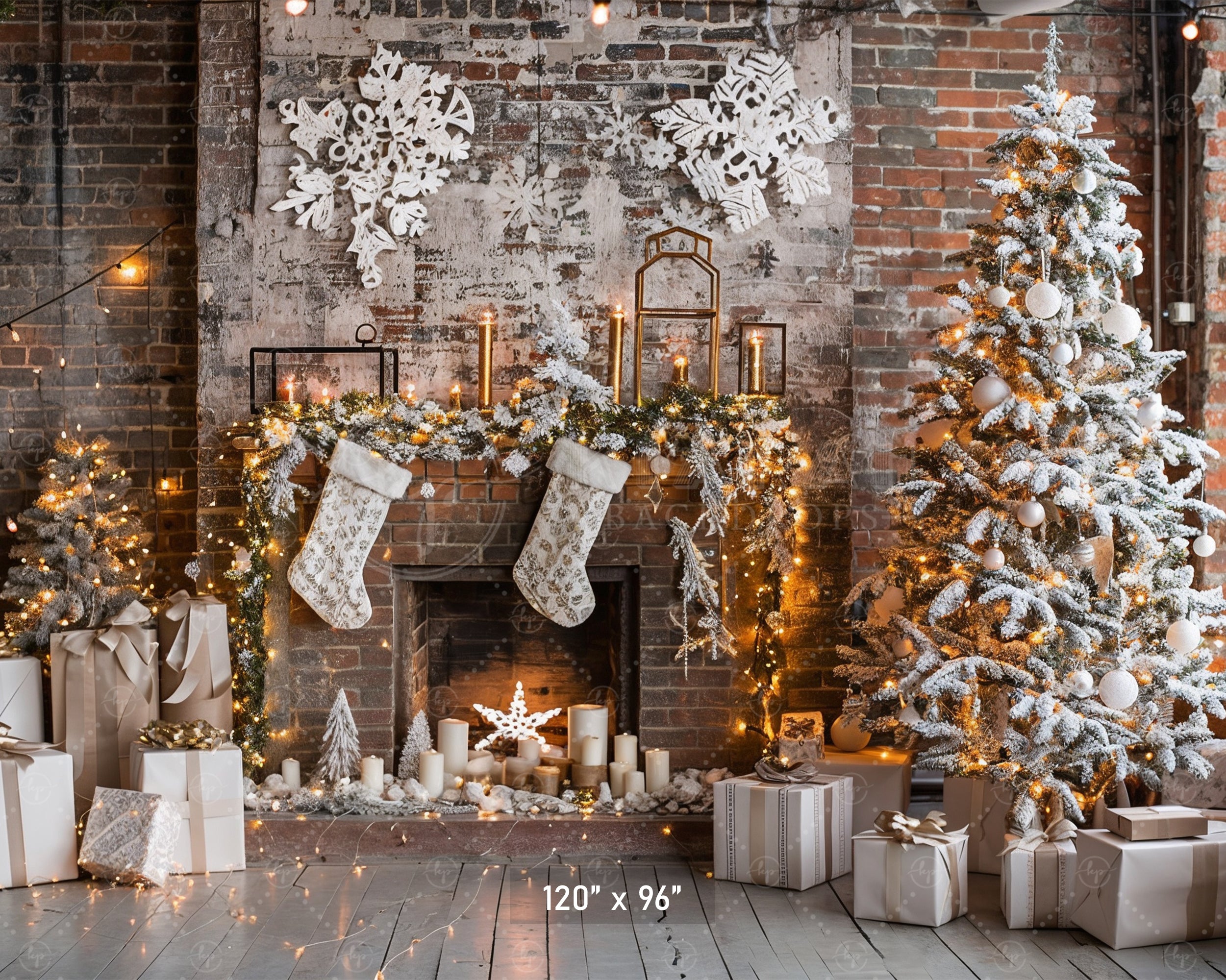 Rustic Industrial Christmas Fireplace Backdrop
