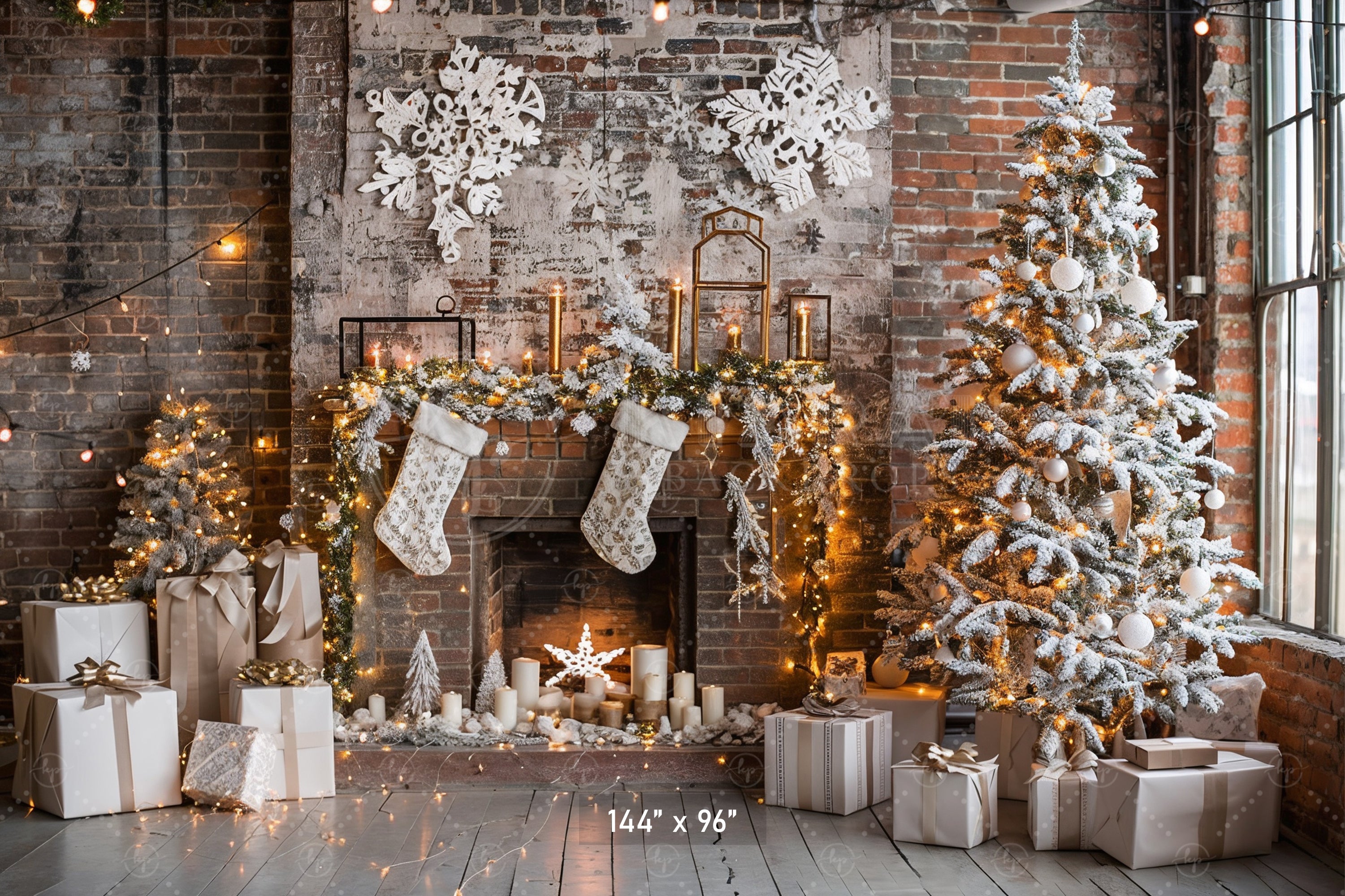 Rustic Industrial Christmas Fireplace Backdrop