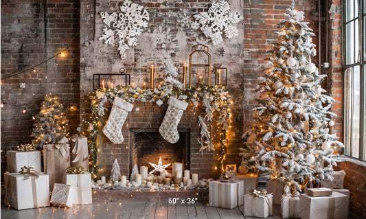 Rustic Industrial Christmas Fireplace Backdrop