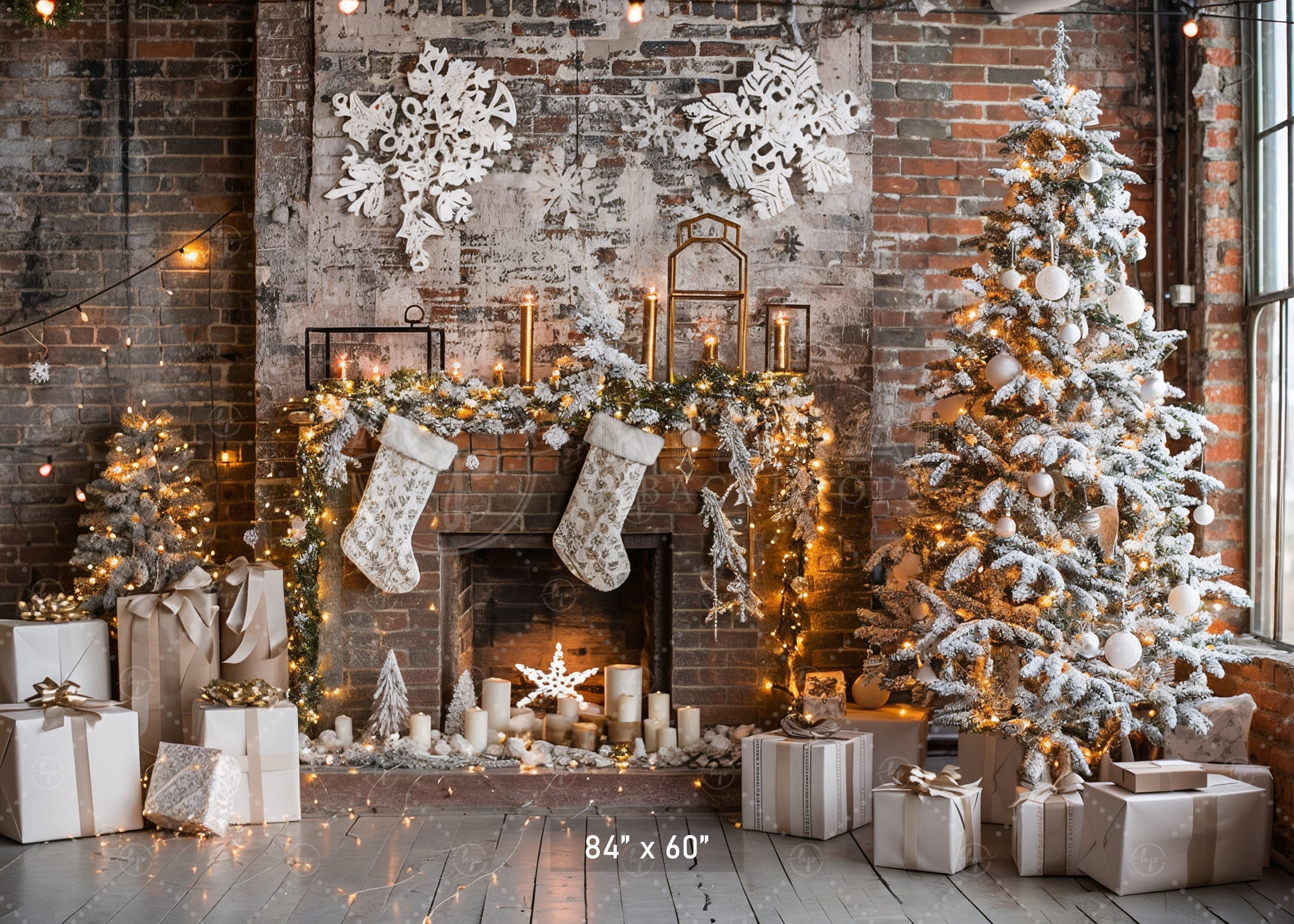 Rustic Industrial Christmas Fireplace Backdrop