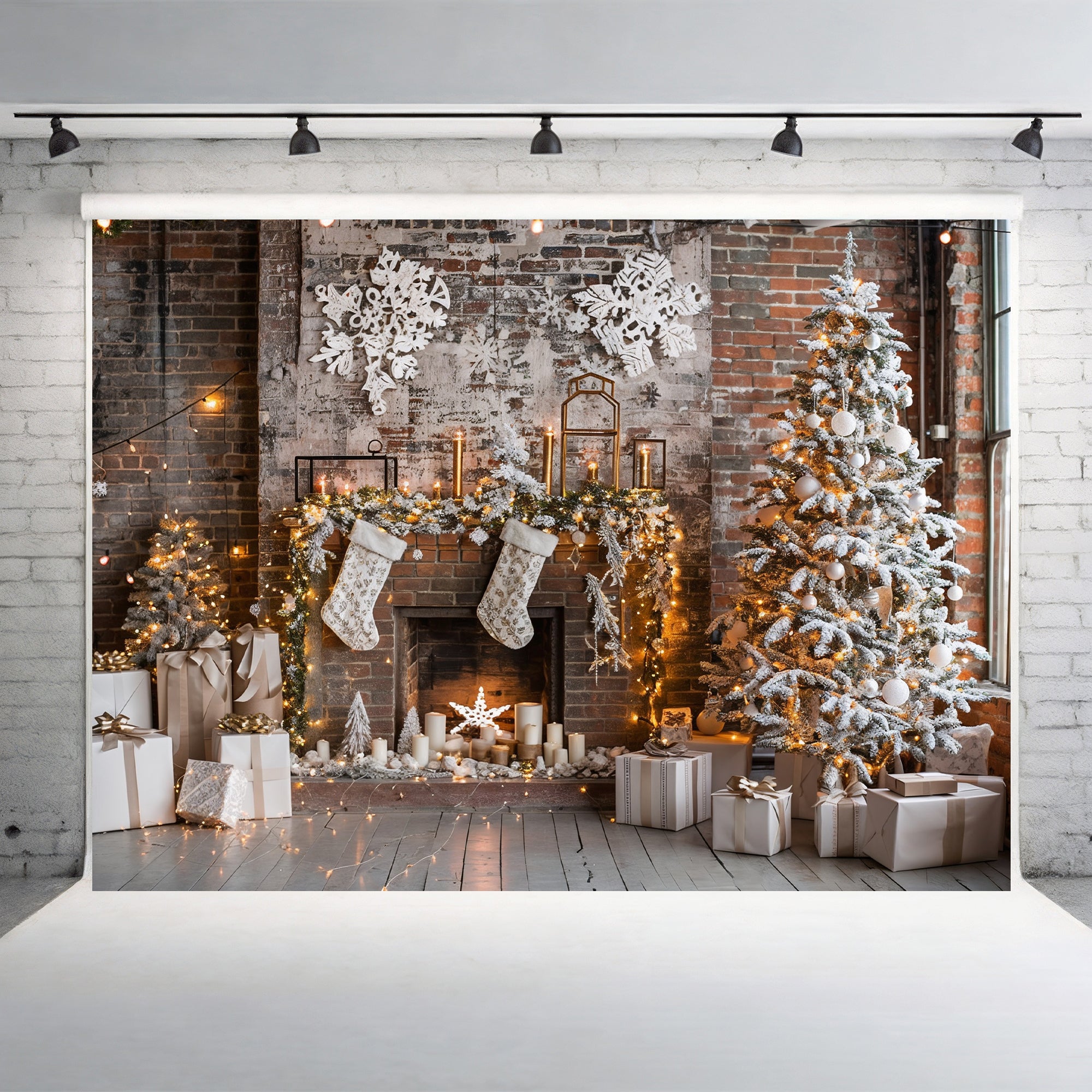 Rustic Industrial Christmas Fireplace Backdrop
