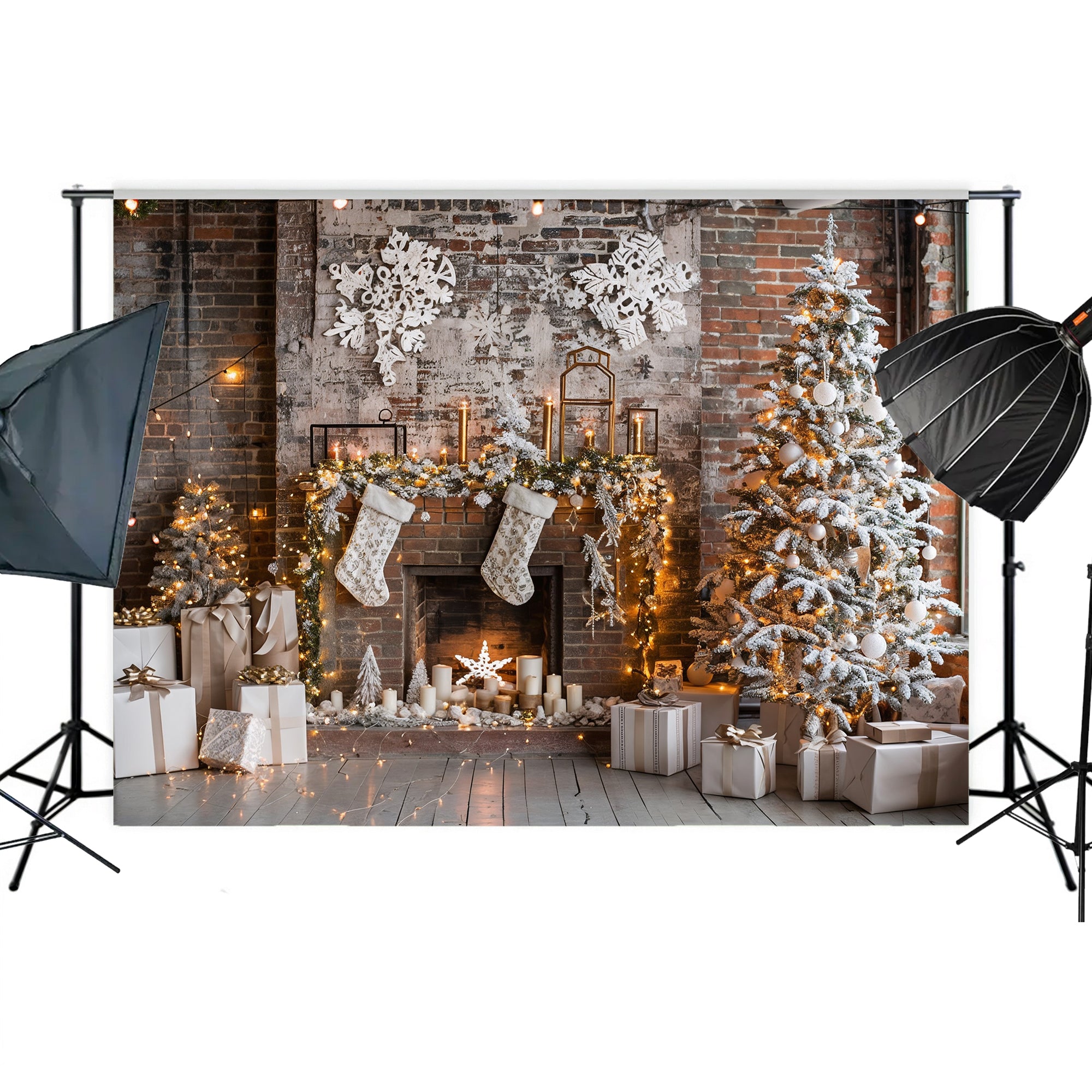 Rustic Industrial Christmas Fireplace Backdrop