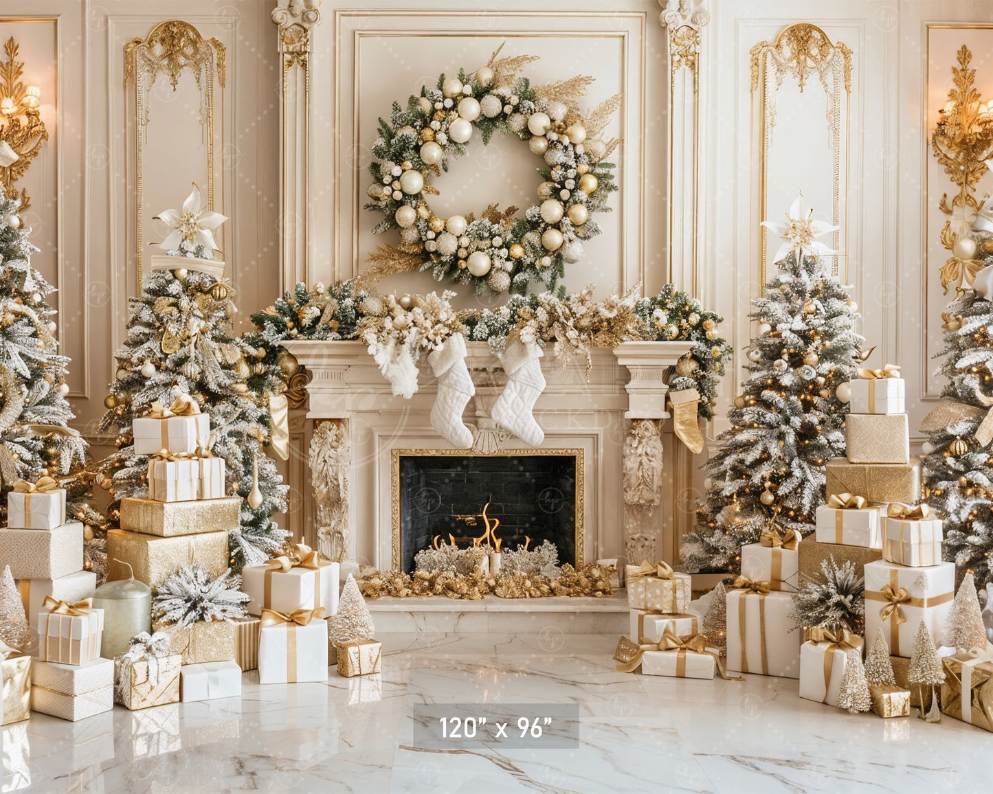 Luxurious Gold and White Christmas Fireplace Backdrop