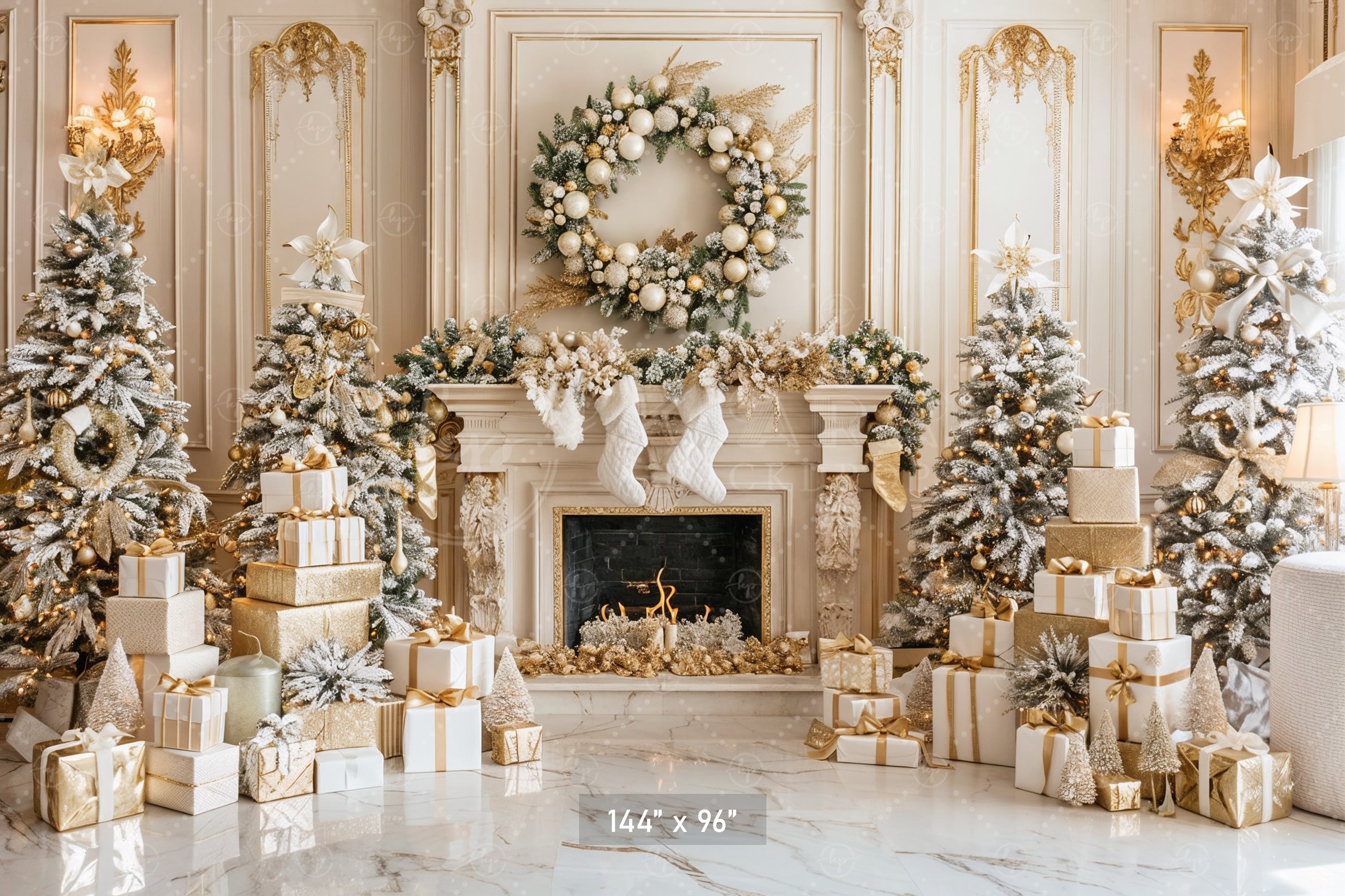 Luxurious Gold and White Christmas Fireplace Backdrop