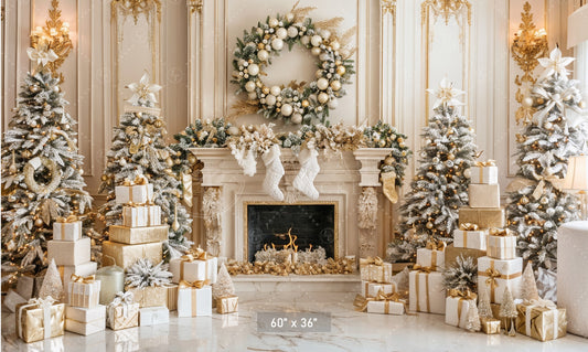 Luxurious Gold and White Christmas Fireplace Backdrop