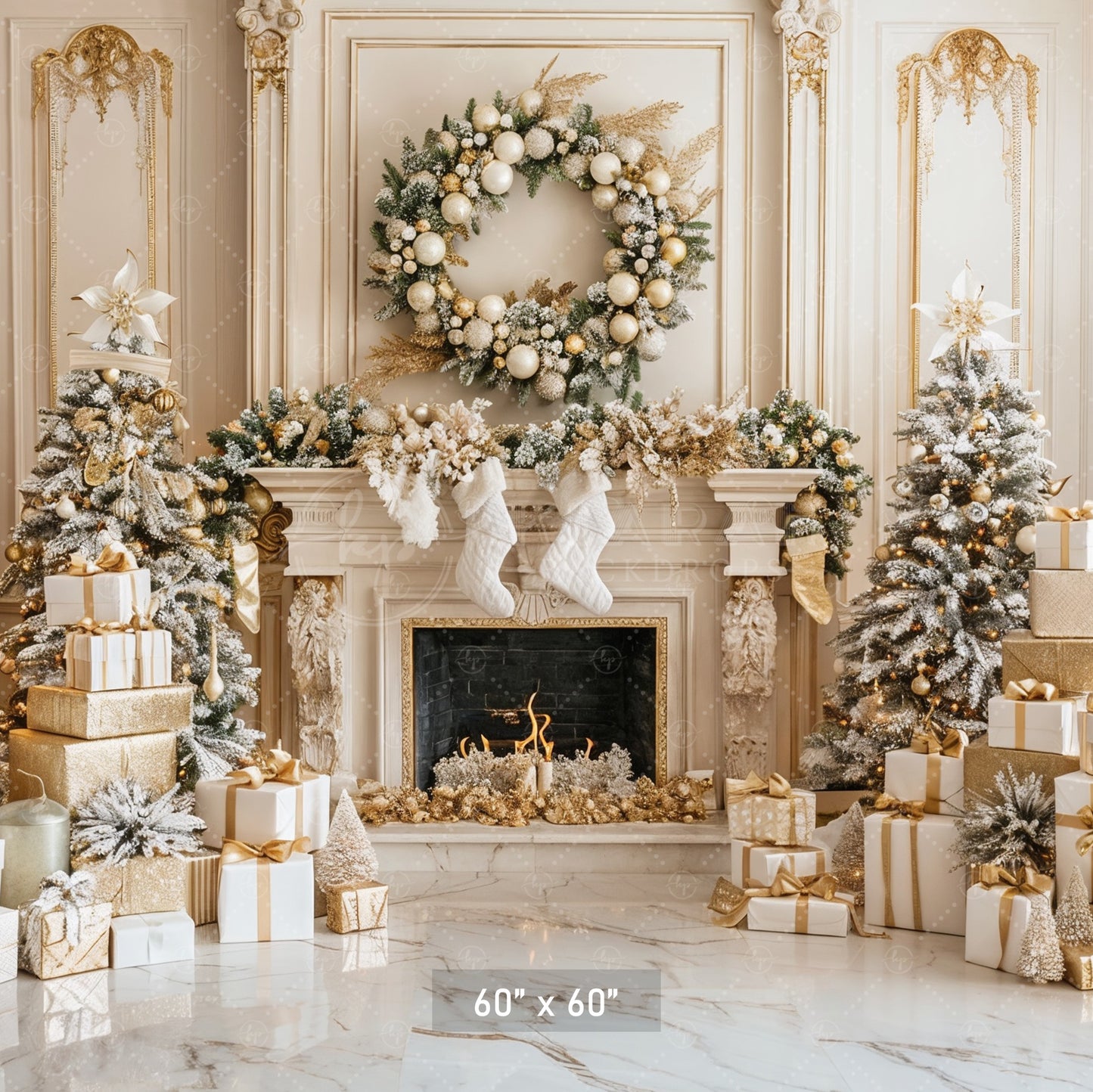 Luxurious Gold and White Christmas Fireplace Backdrop