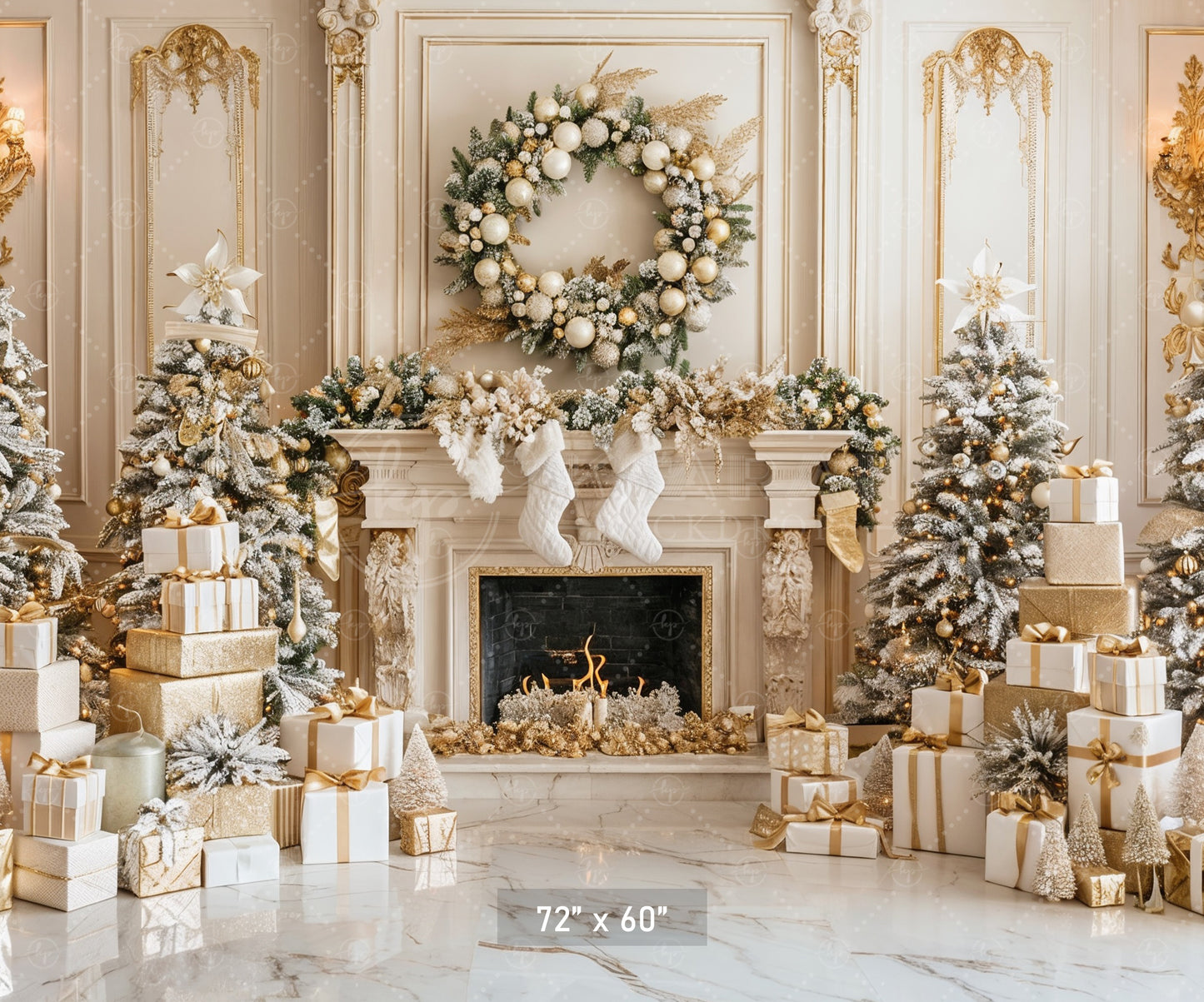 Luxurious Gold and White Christmas Fireplace Backdrop