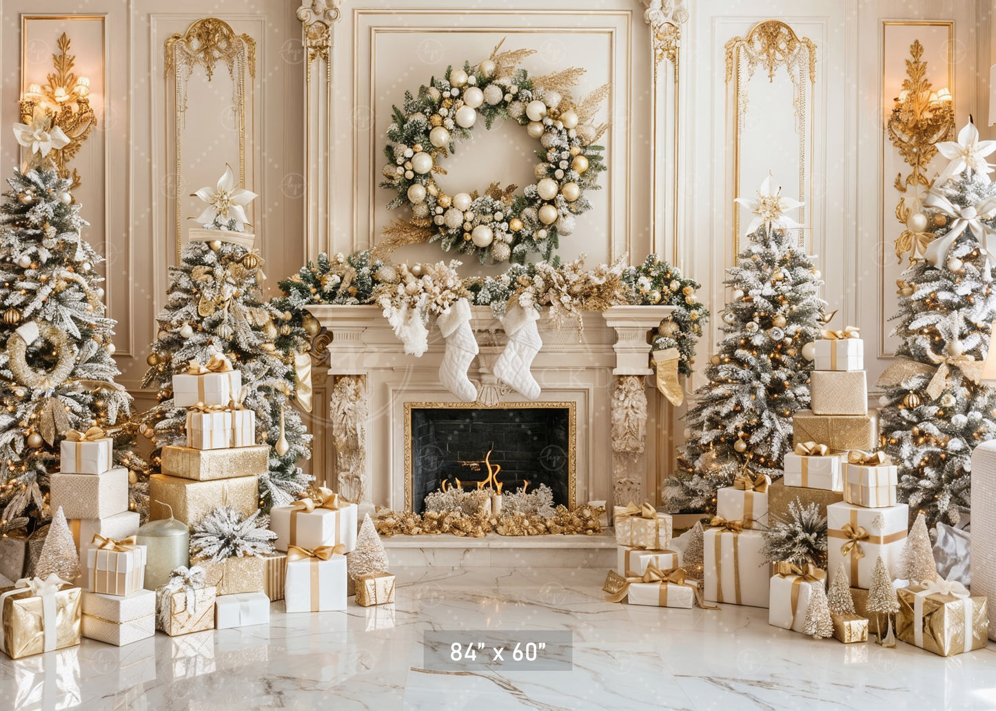 Luxurious Gold and White Christmas Fireplace Backdrop