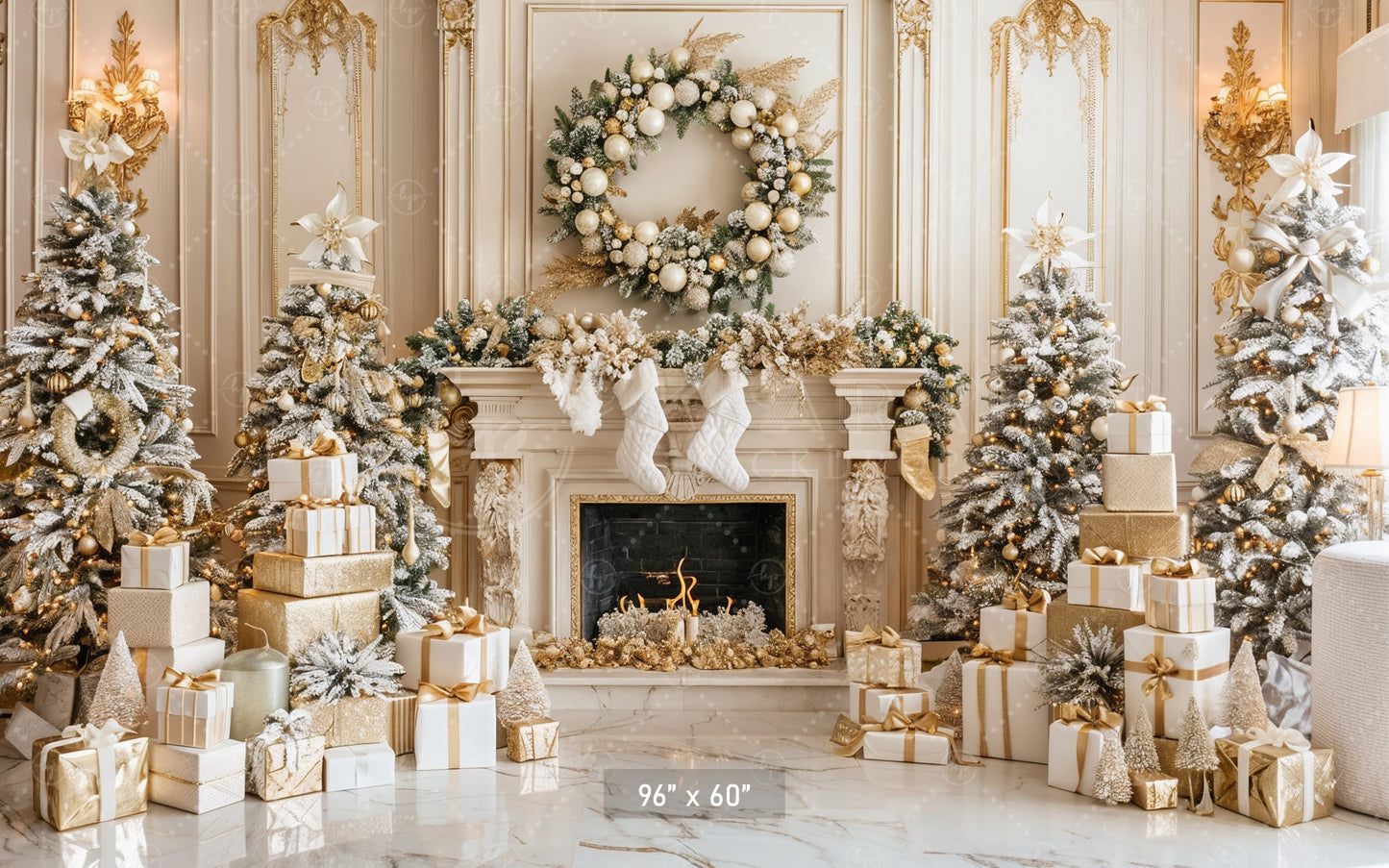 Luxurious Gold and White Christmas Fireplace Backdrop