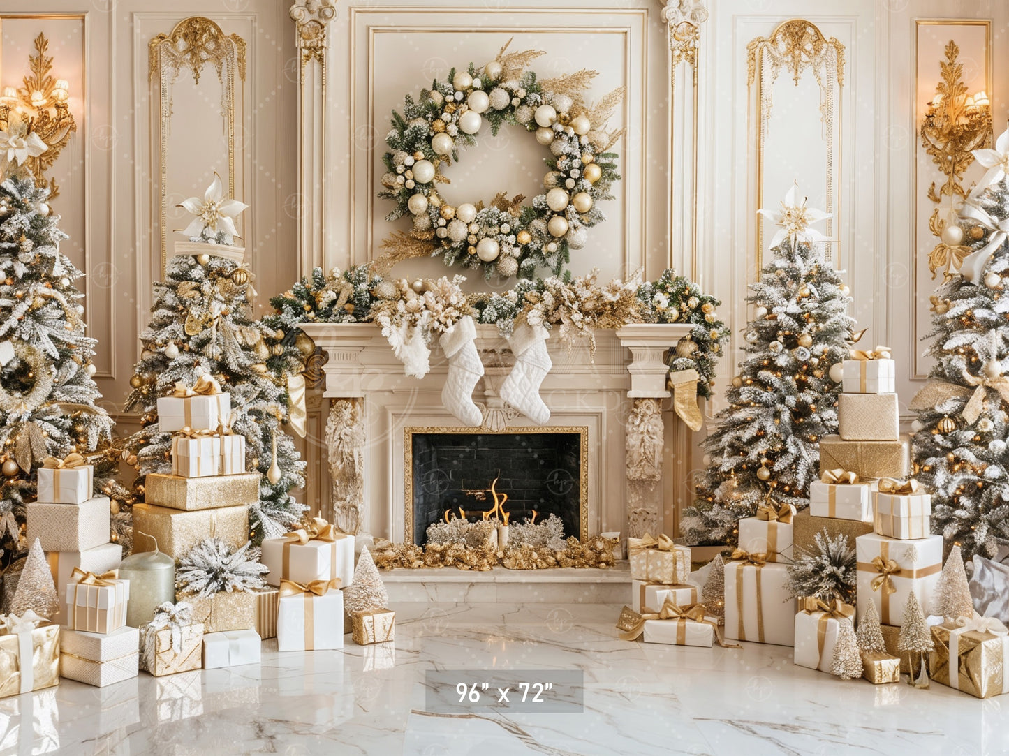 Luxurious Gold and White Christmas Fireplace Backdrop